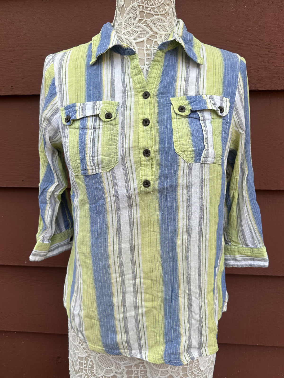 Christopher & Banks Vintage Striped Button Up Top in Blue White Lime Green