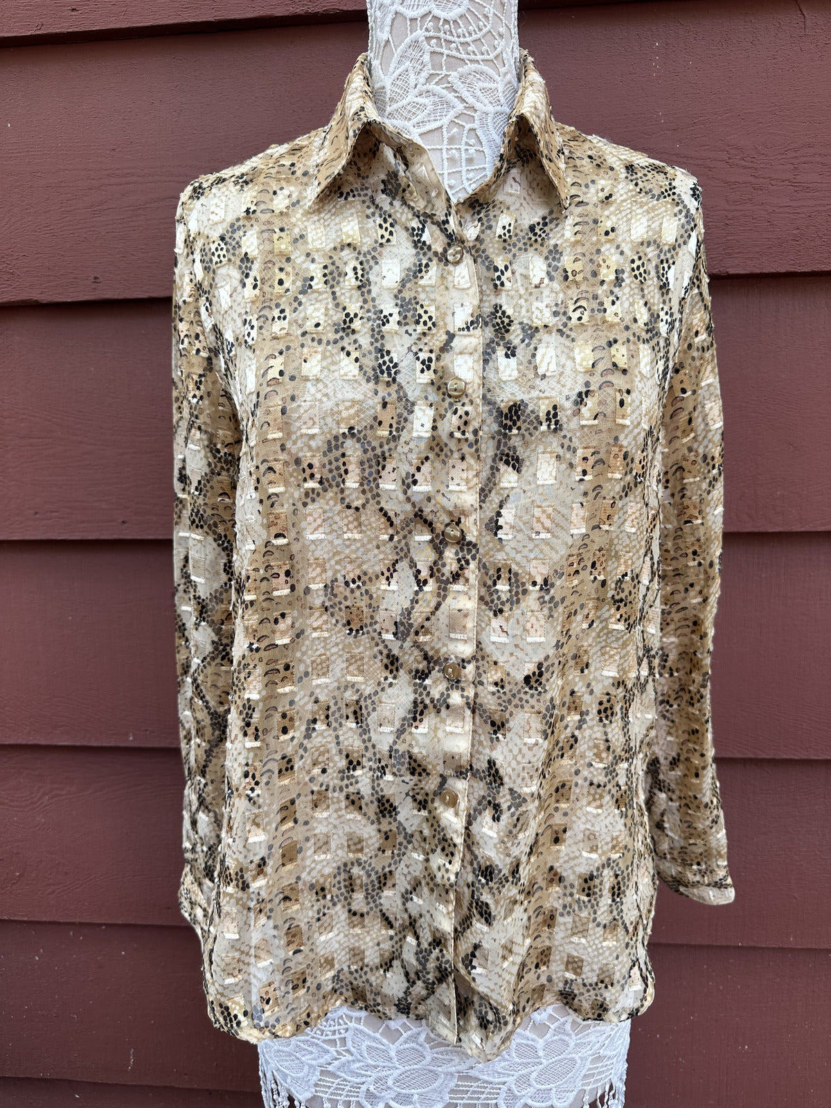 Notations Gold Snake Print Sheer Blouse Y2K Mob Wife Style Vintage