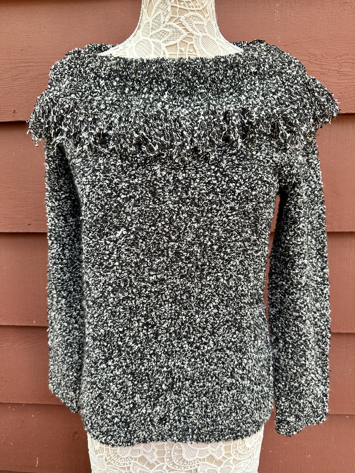 Ronni Nicole by Ouida Gray and Black Sweater with Ruffle Shoulder Detail Casual