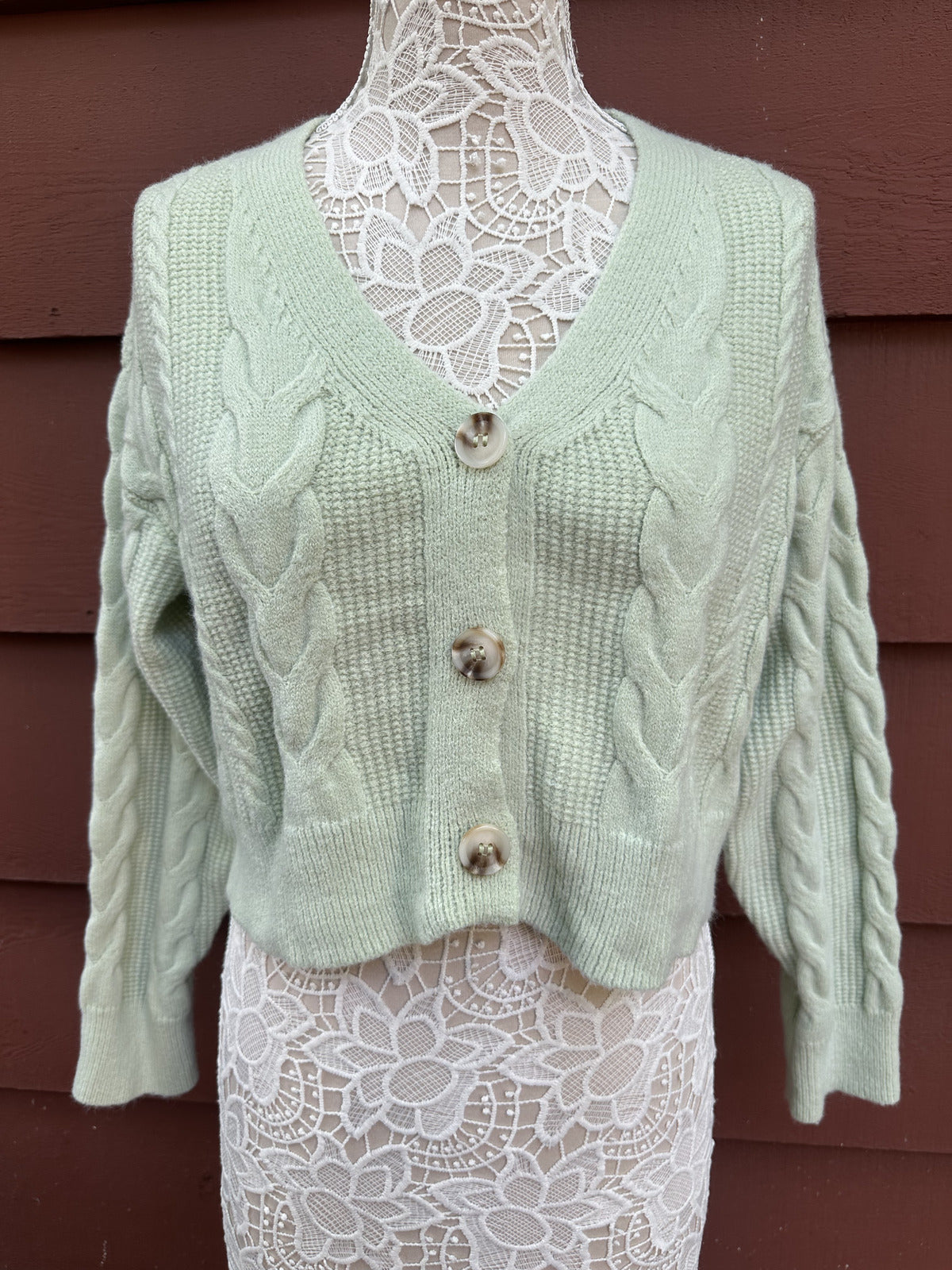 Cropped Cable Knit Cardigan in Light Pistachio Green
