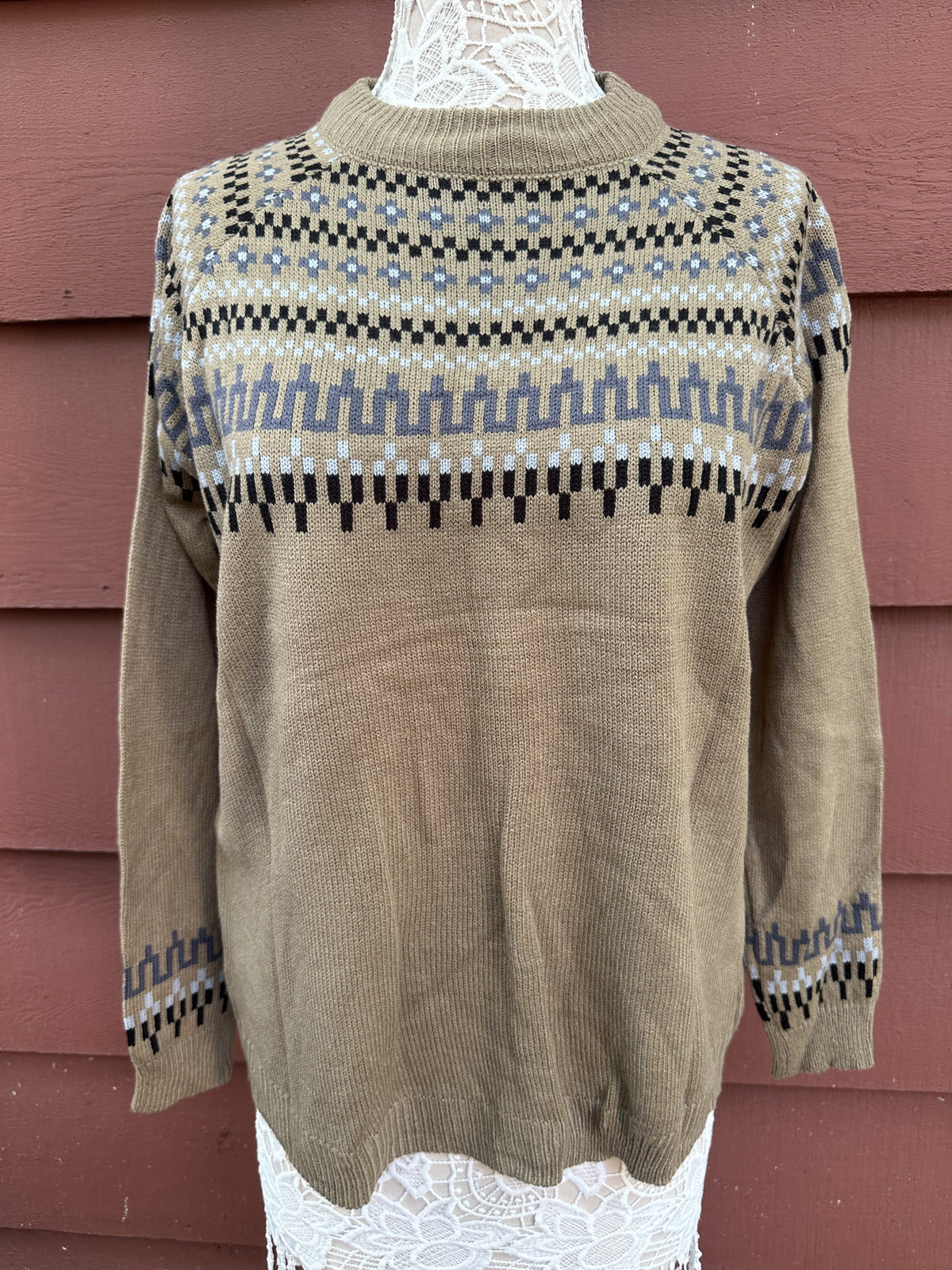 Tan Nordic Style Sweater Crewneck Geometric Pattern Knit Pullover