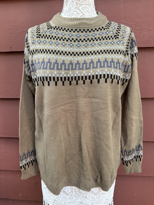 Tan Nordic Style Sweater Crewneck Geometric Pattern Knit Pullover