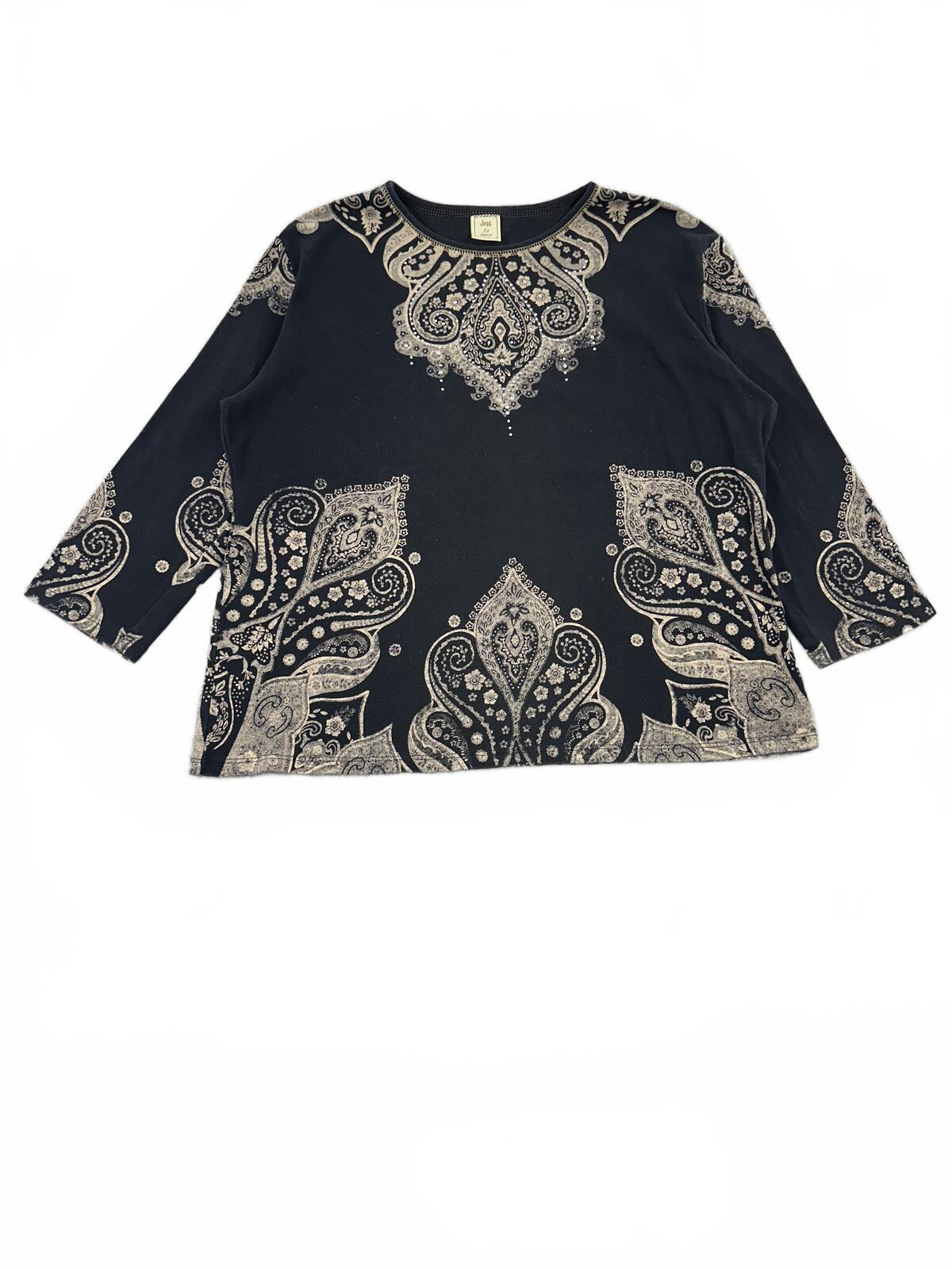 Jess & Jane Black and Cream Paisley Print Top Bohemian Chic Relaxed Fit
