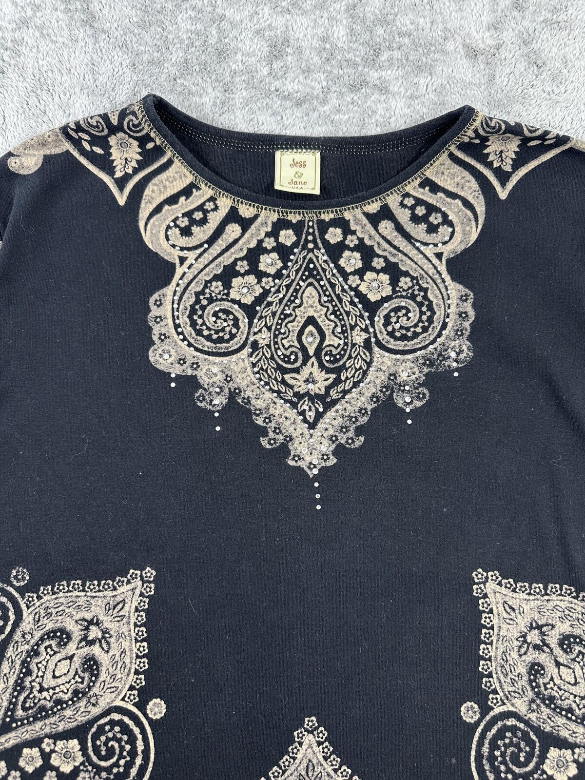Jess & Jane Black and Cream Paisley Print Top Bohemian Chic Relaxed Fit