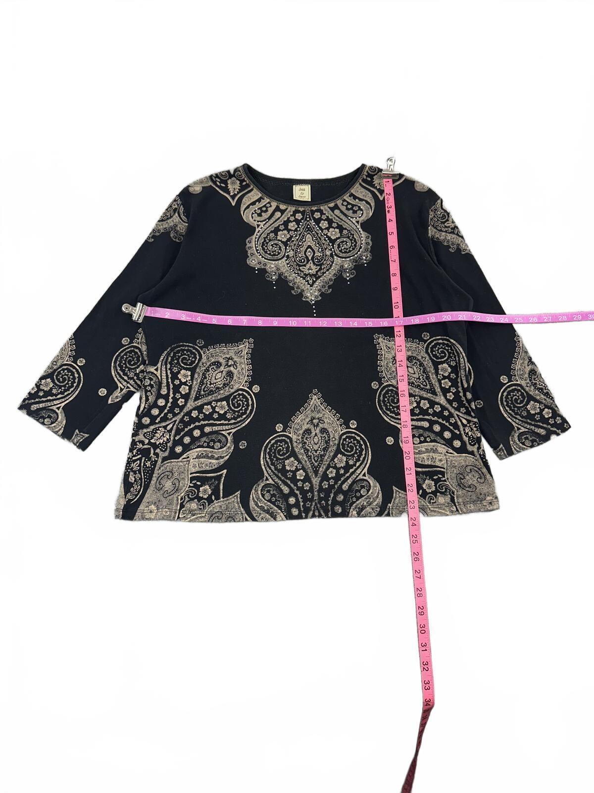 Jess & Jane Black and Cream Paisley Print Top Bohemian Chic Relaxed Fit