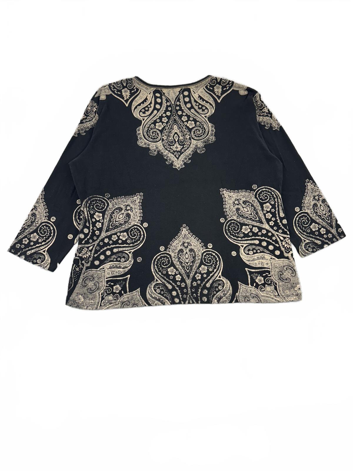 Jess & Jane Black and Cream Paisley Print Top Bohemian Chic Relaxed Fit