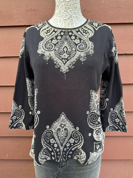 Jess & Jane Black and Cream Paisley Print Top Bohemian Chic Relaxed Fit