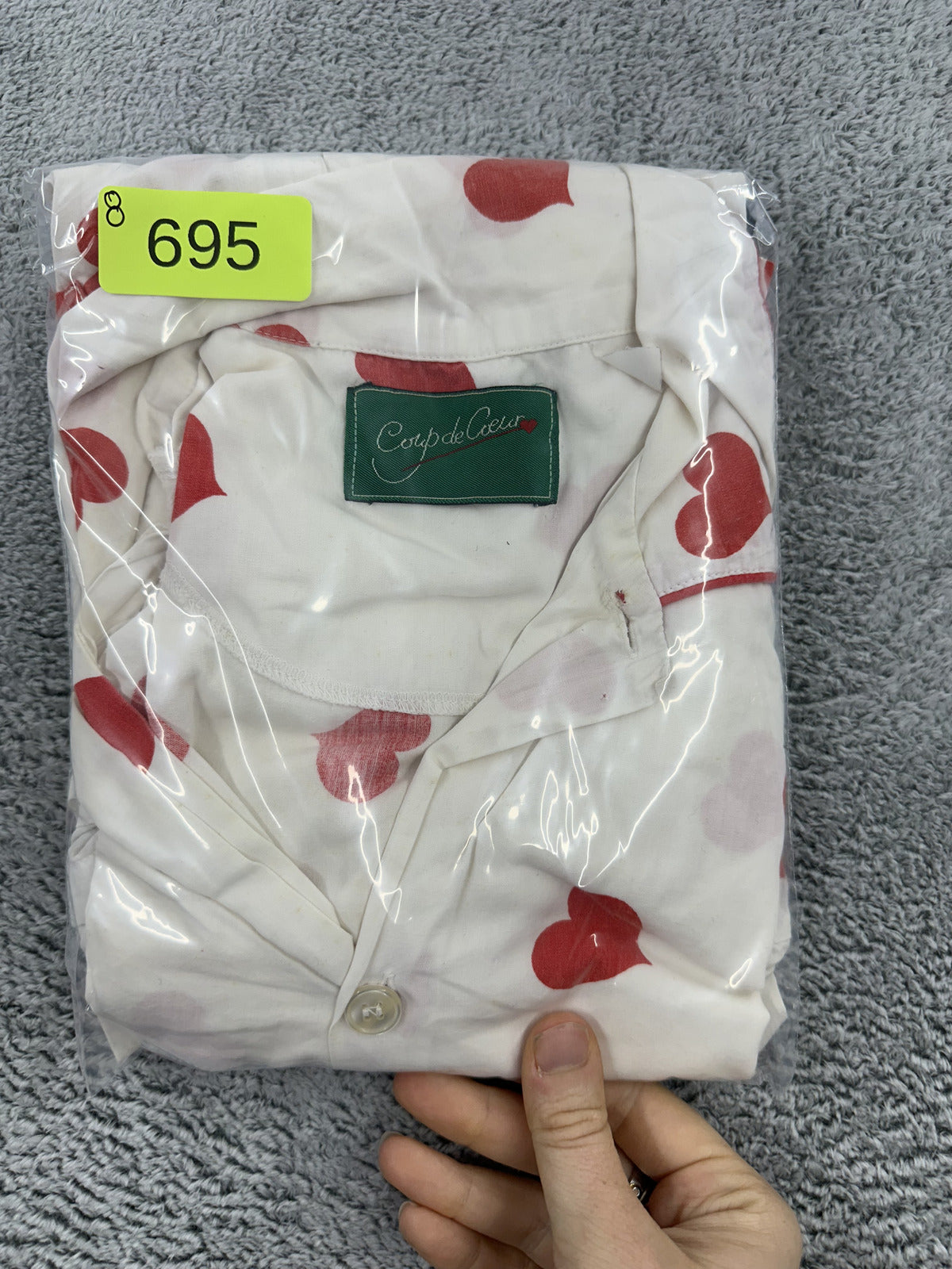 Coup de Coeur Vintage White Button Up Shirt with Red Heart Print Romantic Retro