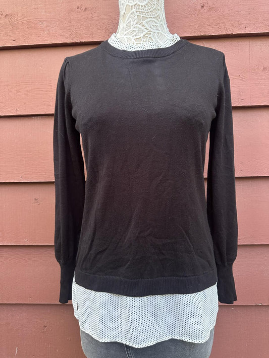 Adrianna Papell Layered Black Knit Sweater with White Polka Dot Underlayer