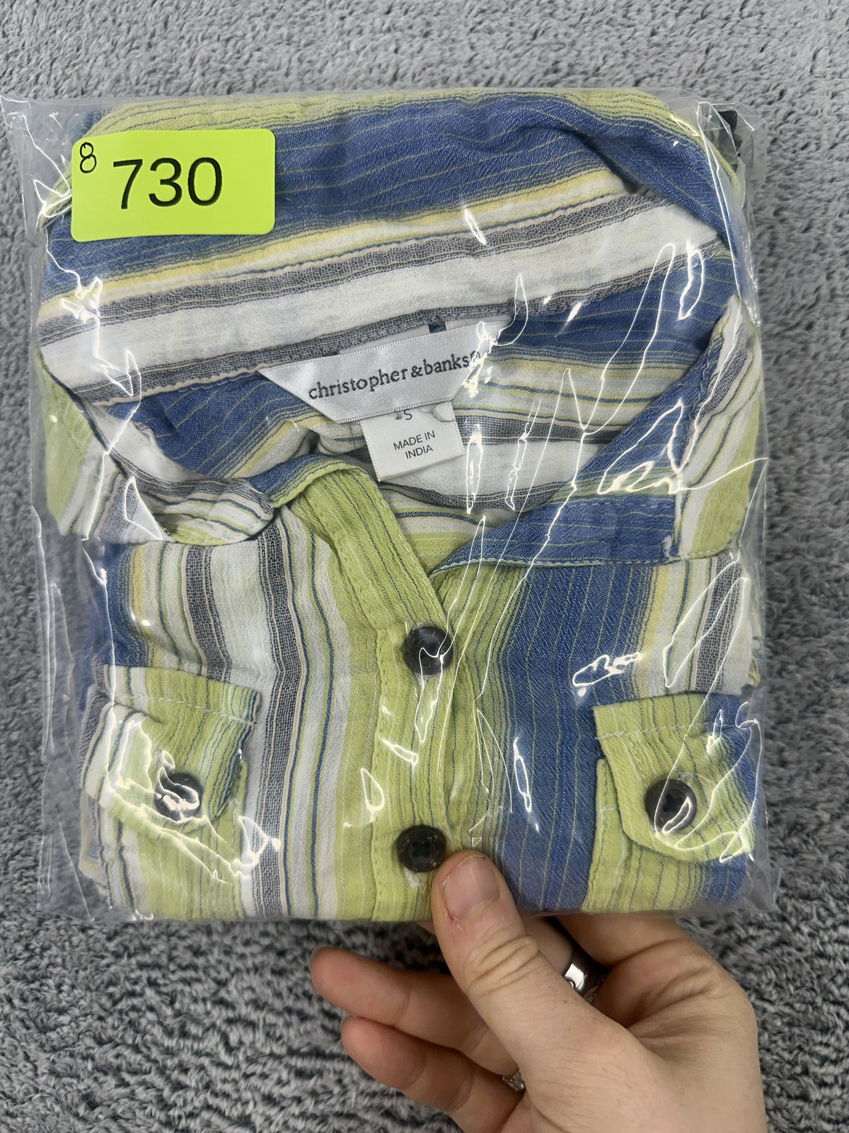 Christopher & Banks Vintage Striped Button Up Top in Blue White Lime Green