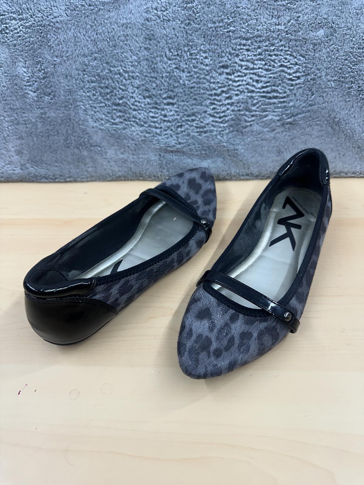 AK Anne Klein Leopard Print Pointed Toe Flats with Black Patent Strap