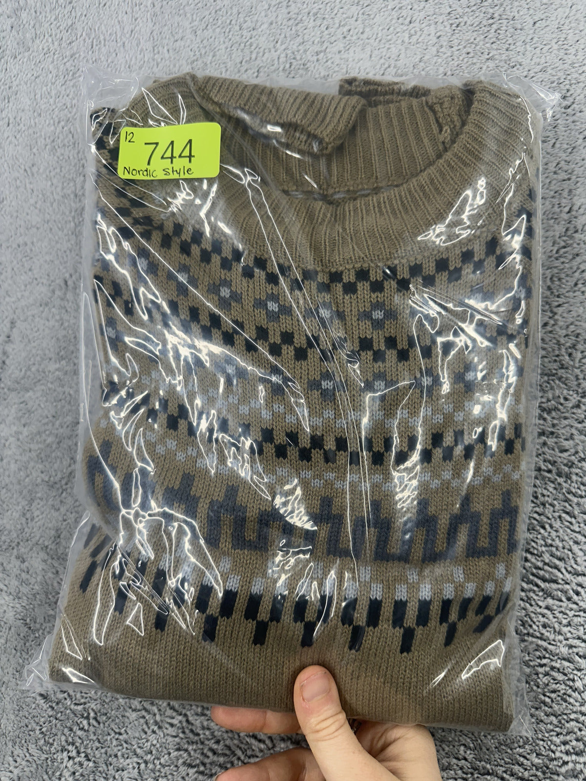 Tan Nordic Style Sweater Crewneck Geometric Pattern Knit Pullover
