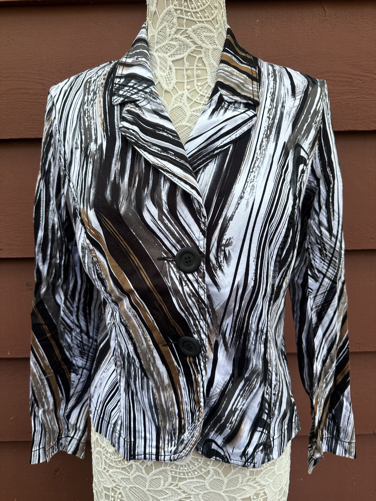Tribal Abstract Print Stretch Blazer Black White Brown Lightweight Button