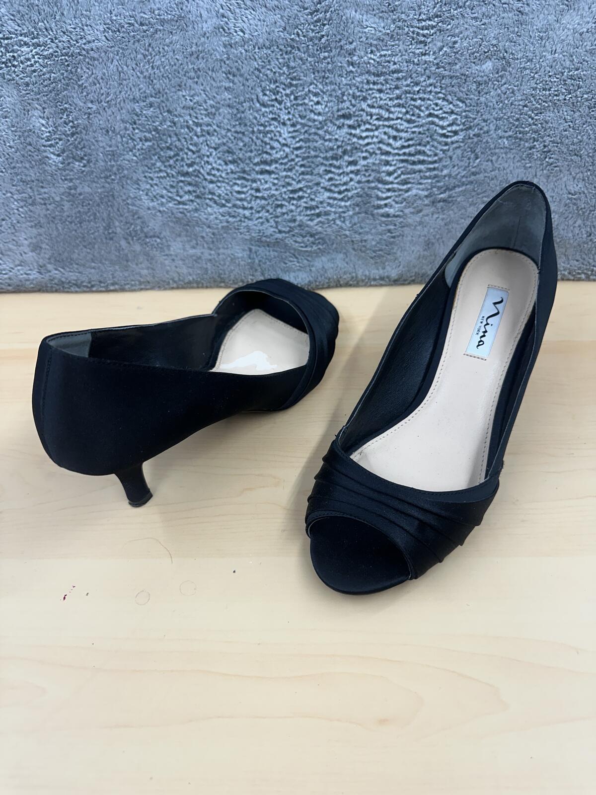 Nina Black Satin Peep Toe Kitten Heel Pumps Classic Elegant Formal