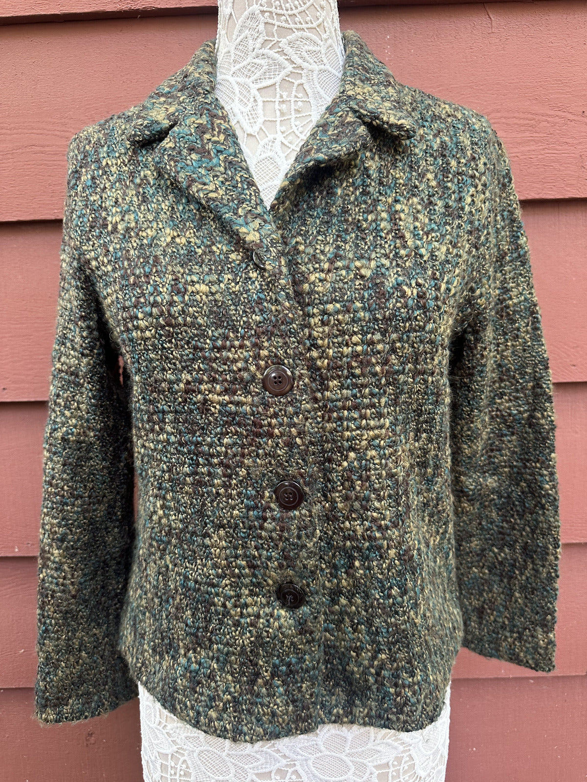 Dressbarn Bouclé Jacket in Forest Green Moss Yellow Eclectic 90s
