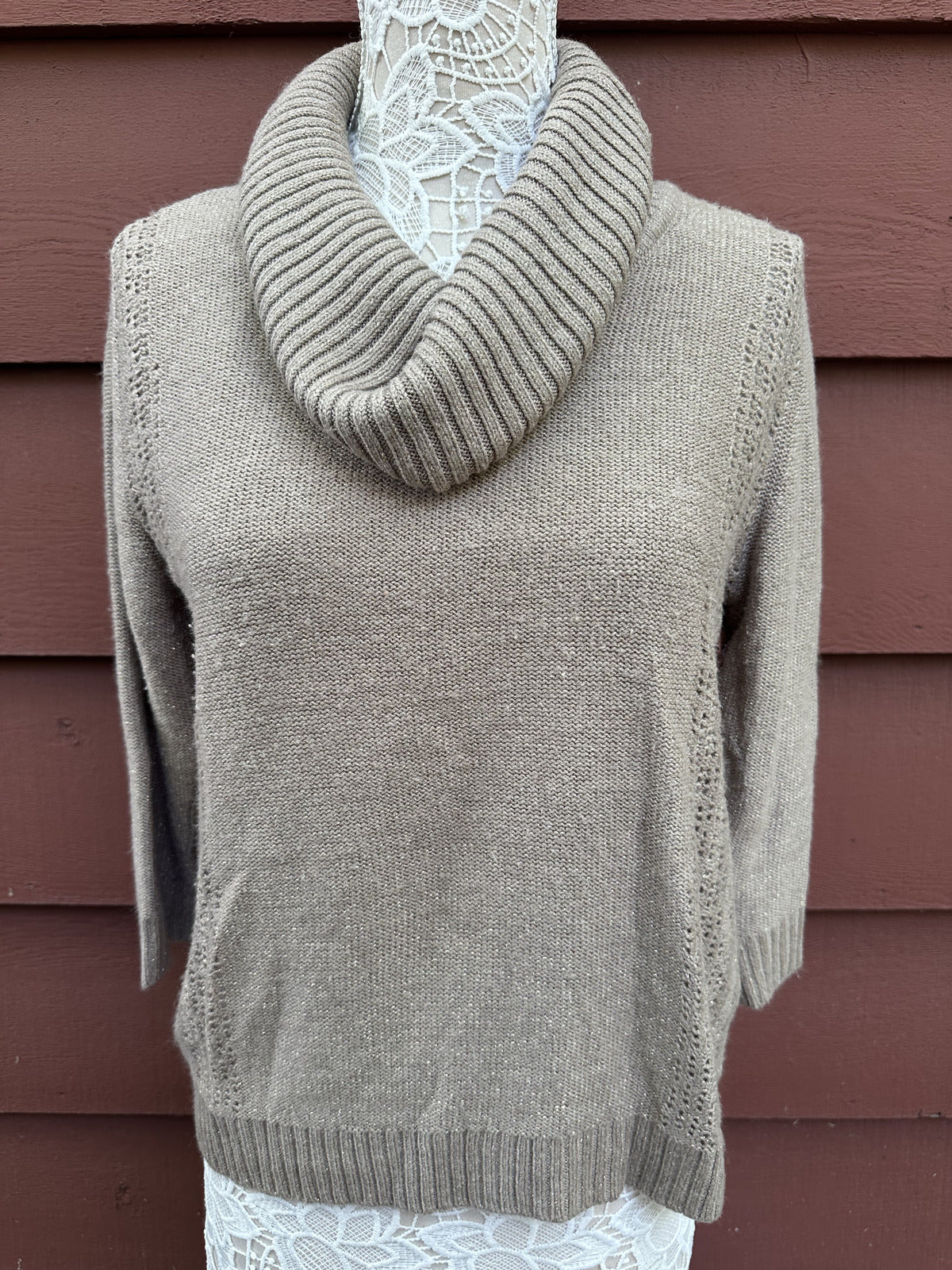 New York & Company Taupe Cowl Neck Sweater with Metallic Thread Detail