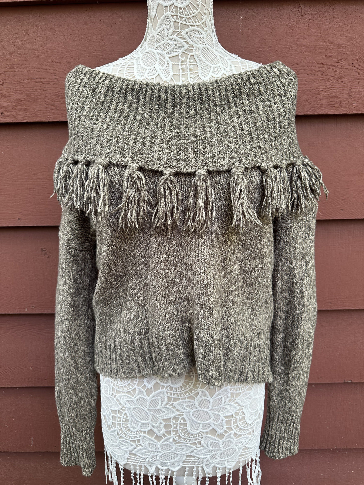 Kensie Bohemian Marled Fringe Cowl Neck Sweater Cozy
