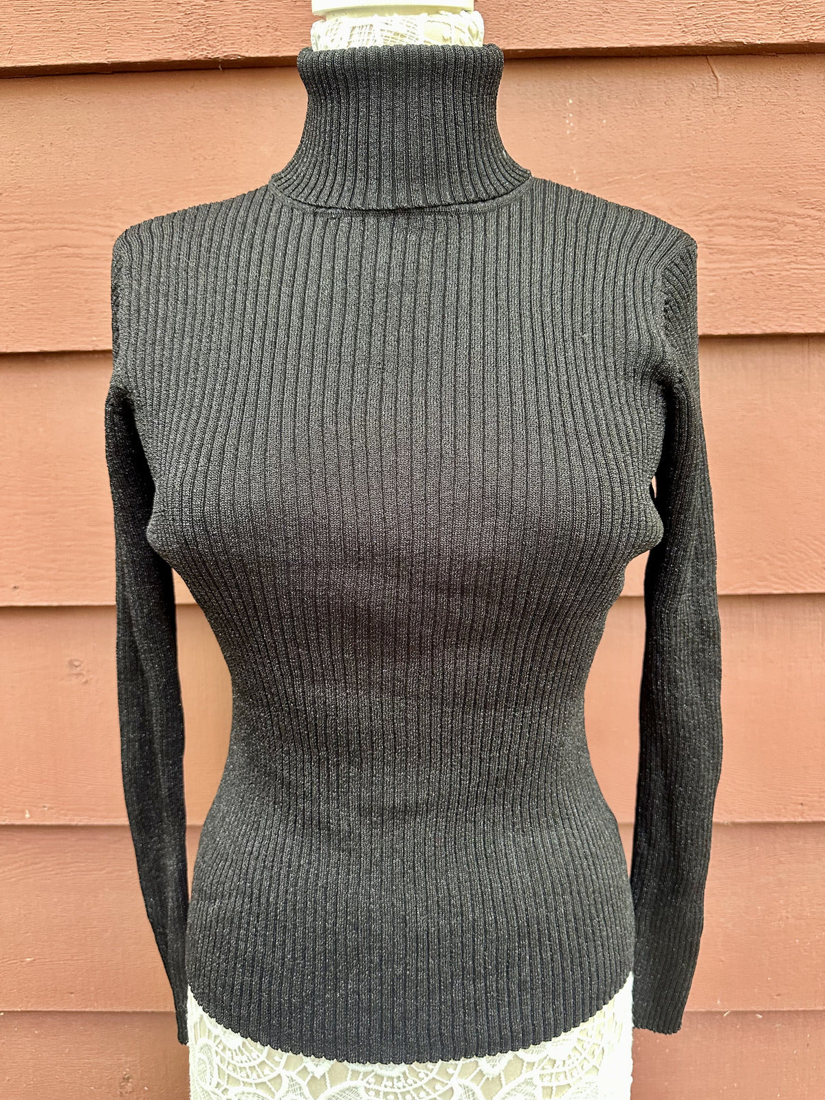 Joseph A Black Metallic Ribbed Knit Turtleneck Sweater Slim Fit Glam