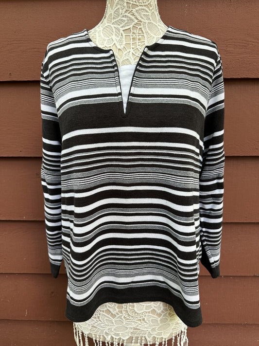 Studio Works Black and White Striped Split Neck Knit Top