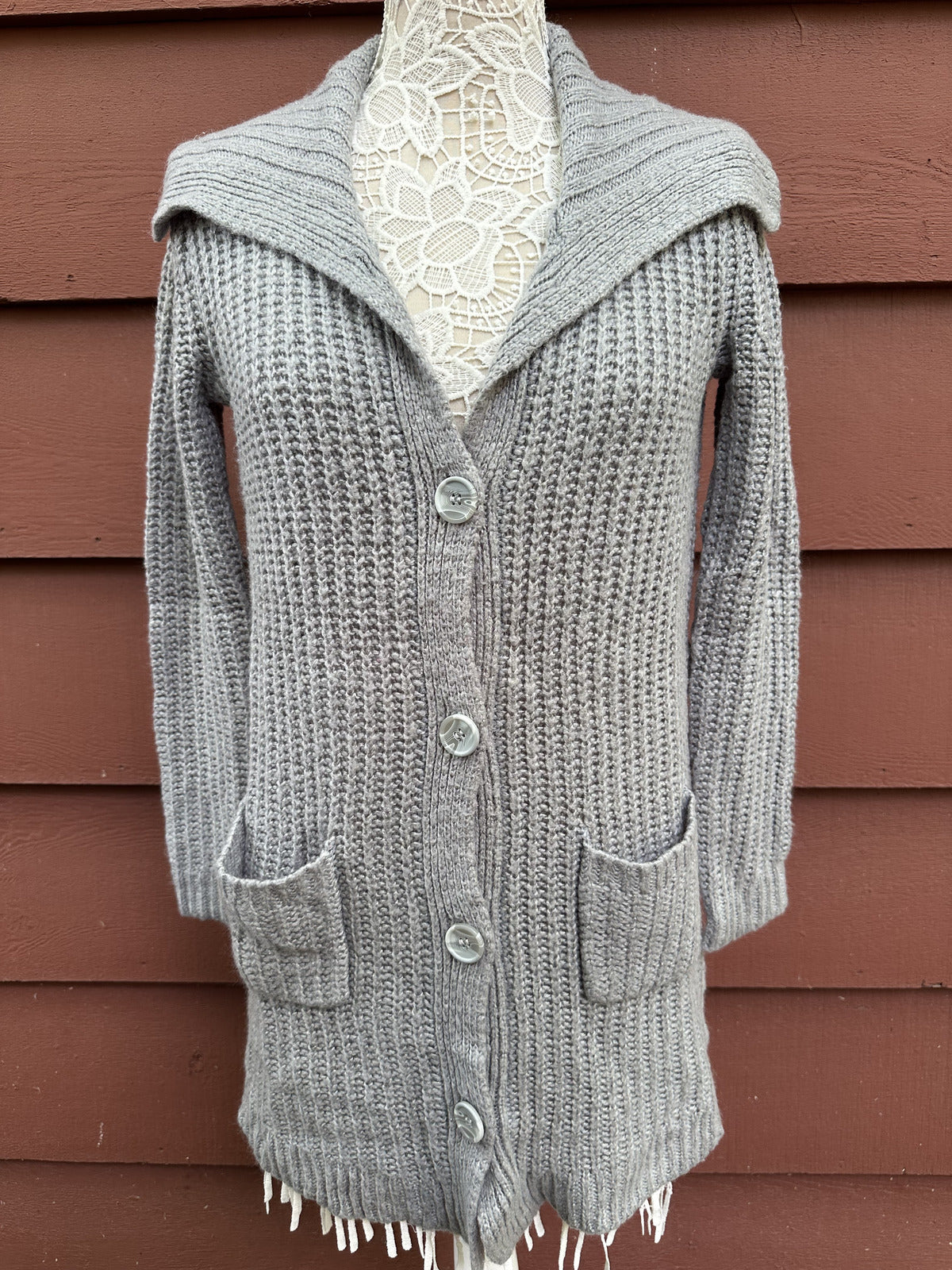 Faded Glory Longline Gray Chunky Knit Cardigan with Shawl Collar and Button Down