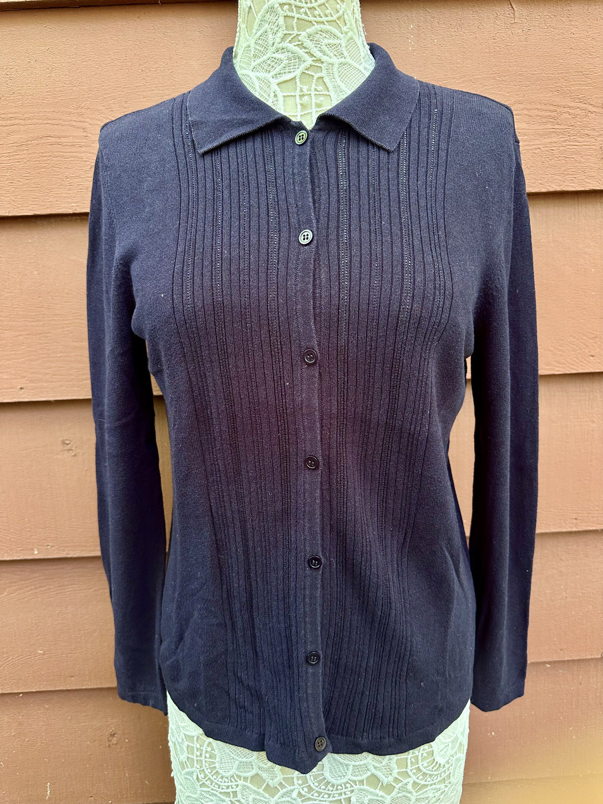 Evan Picone Navy Button Front Cardigan Sweater with Pintuck Detail and Collared