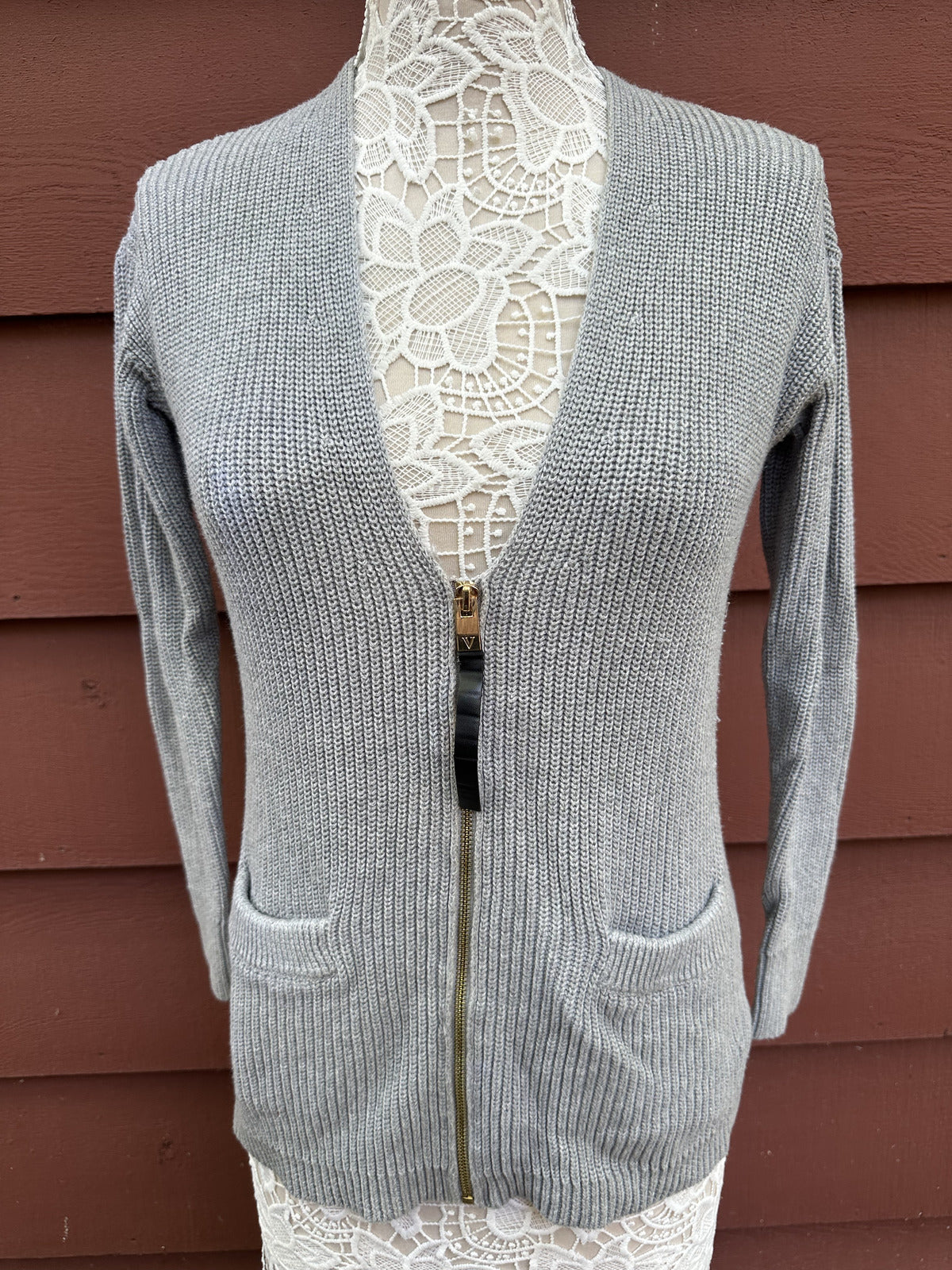 Vince Camuto Grey Ribbed Zip Up Knit Cardigan
