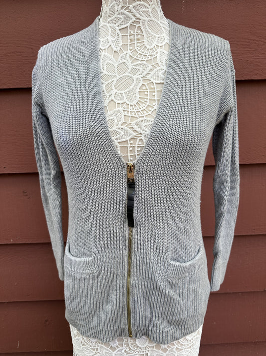 Vince Camuto Grey Ribbed Zip Up Knit Cardigan