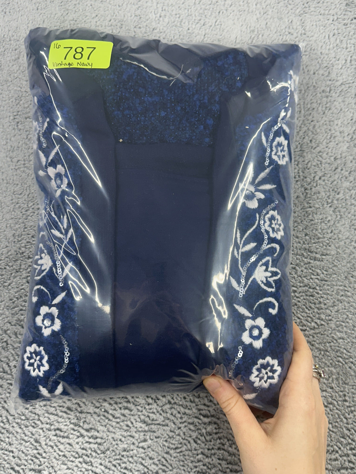 Vintage Navy Blue Embroidered Floral Cardigan Sweater Cozy Textured Knit