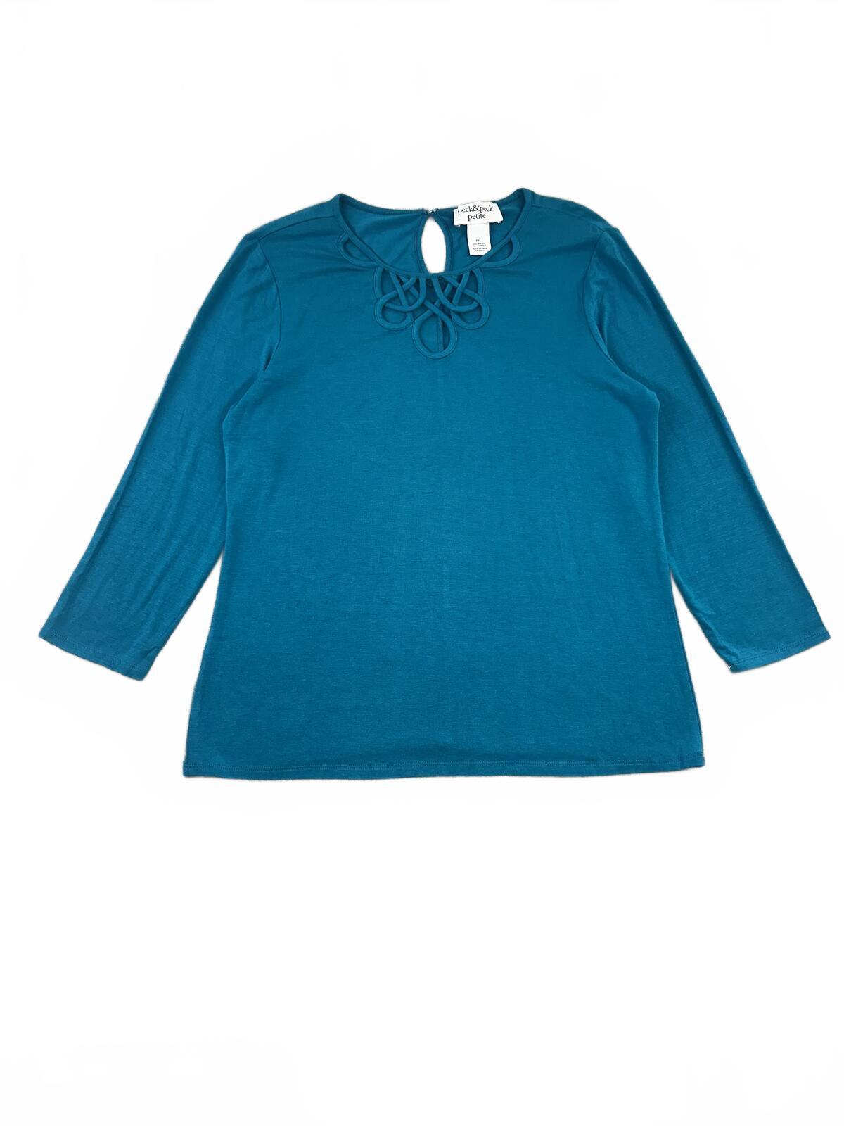 Peck & Peck Teal Blue Cutout Neckline Top Contemporary Minimalist Y2K