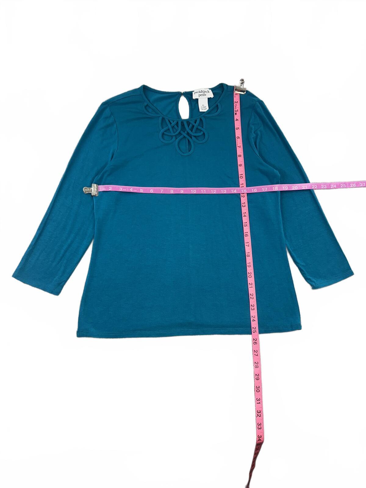 Peck & Peck Teal Blue Cutout Neckline Top Contemporary Minimalist Y2K