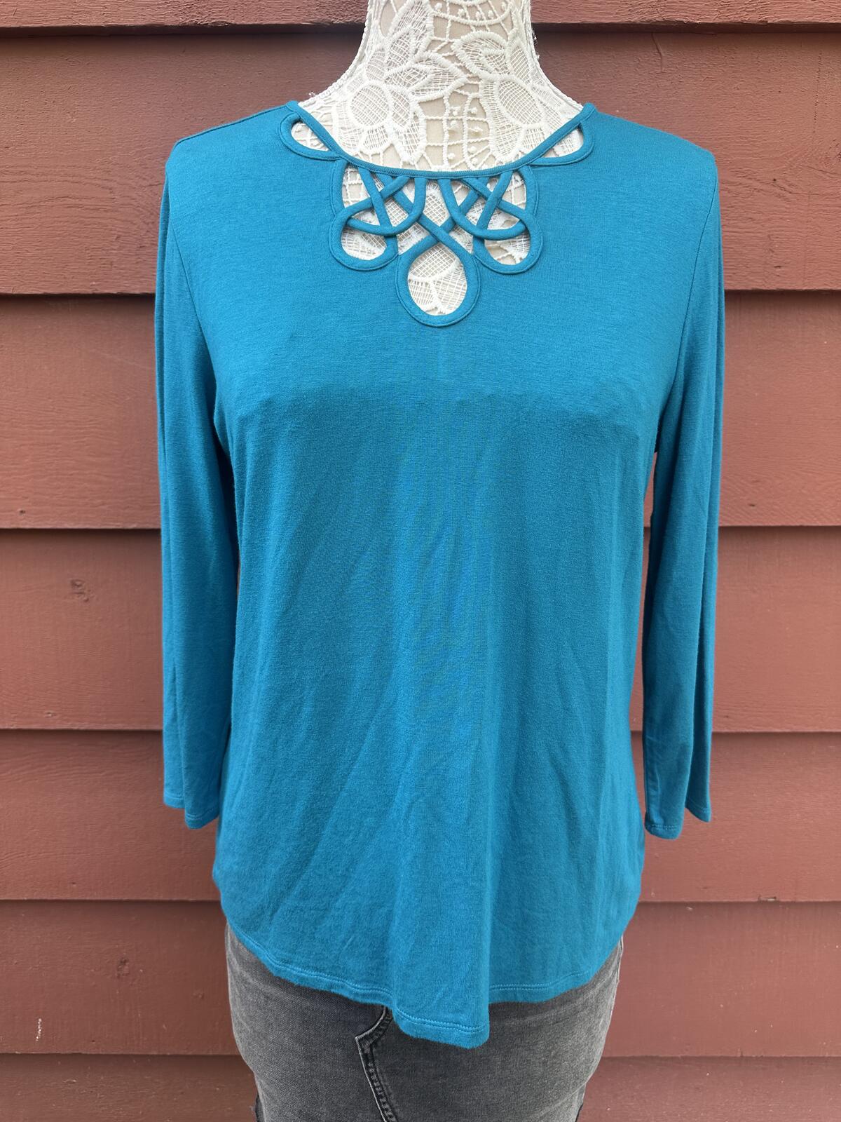 Peck & Peck Teal Blue Cutout Neckline Top Contemporary Minimalist Y2K