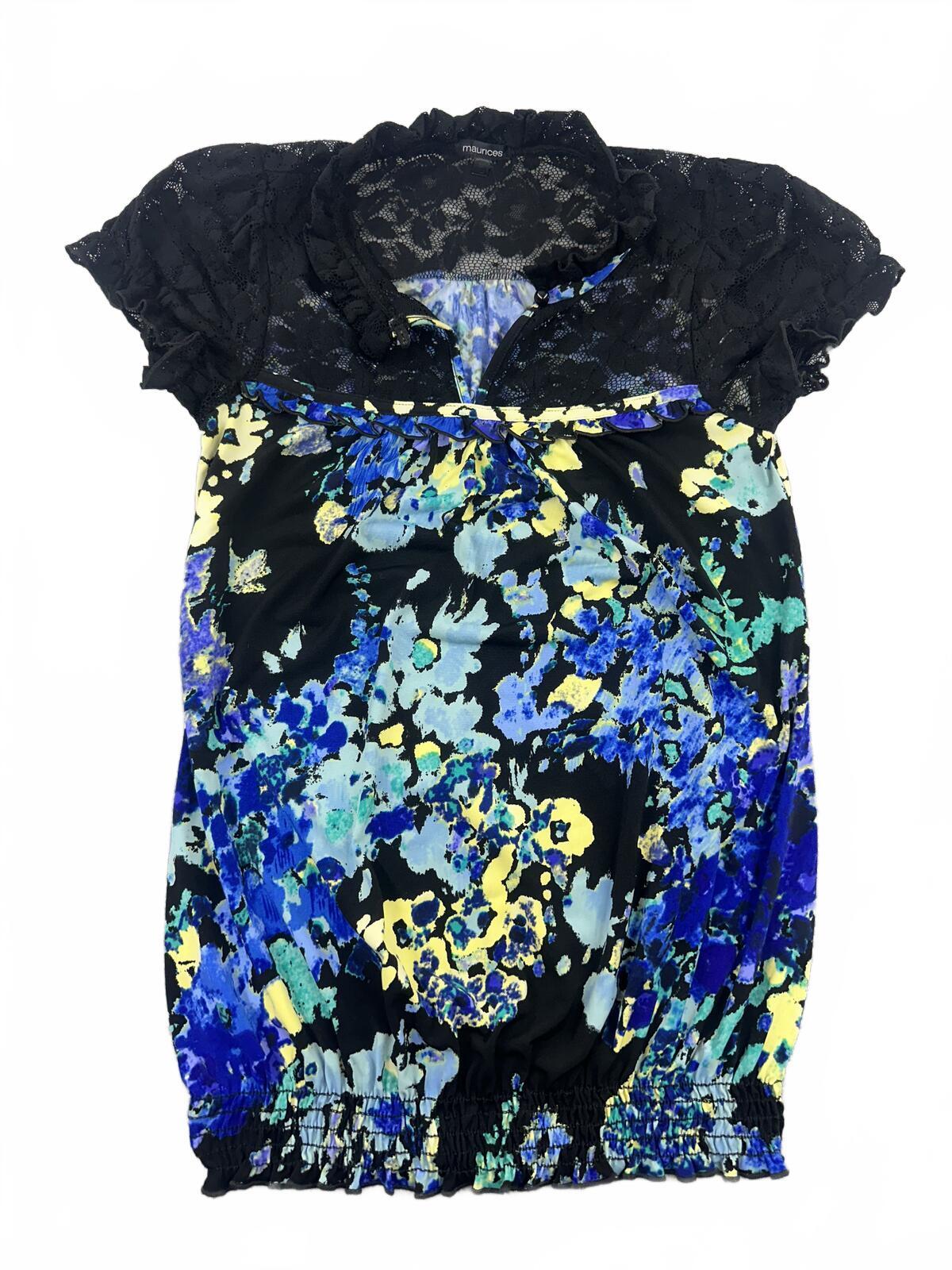 Maurices Floral Lace Cap Sleeve Top Black Blue Yellow Vintage Inspired Boho Chic