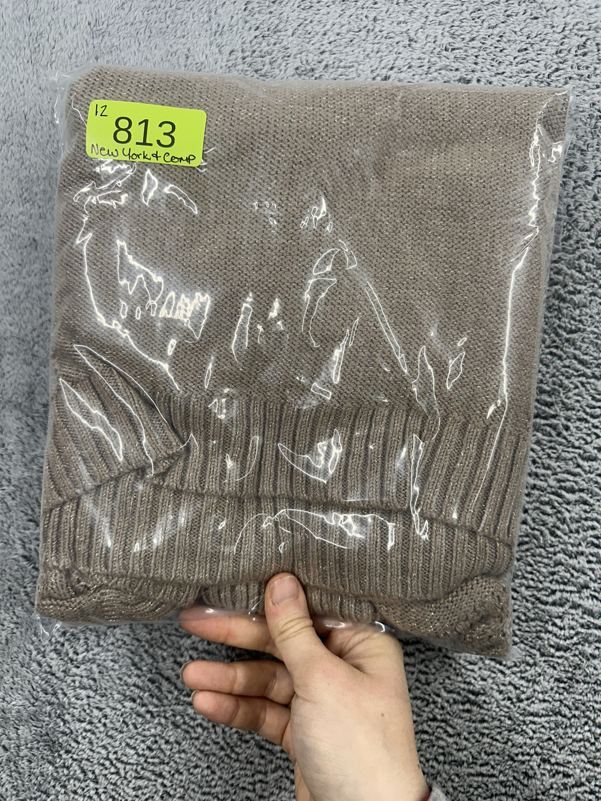 New York & Company Taupe Cowl Neck Sweater with Metallic Thread Detail