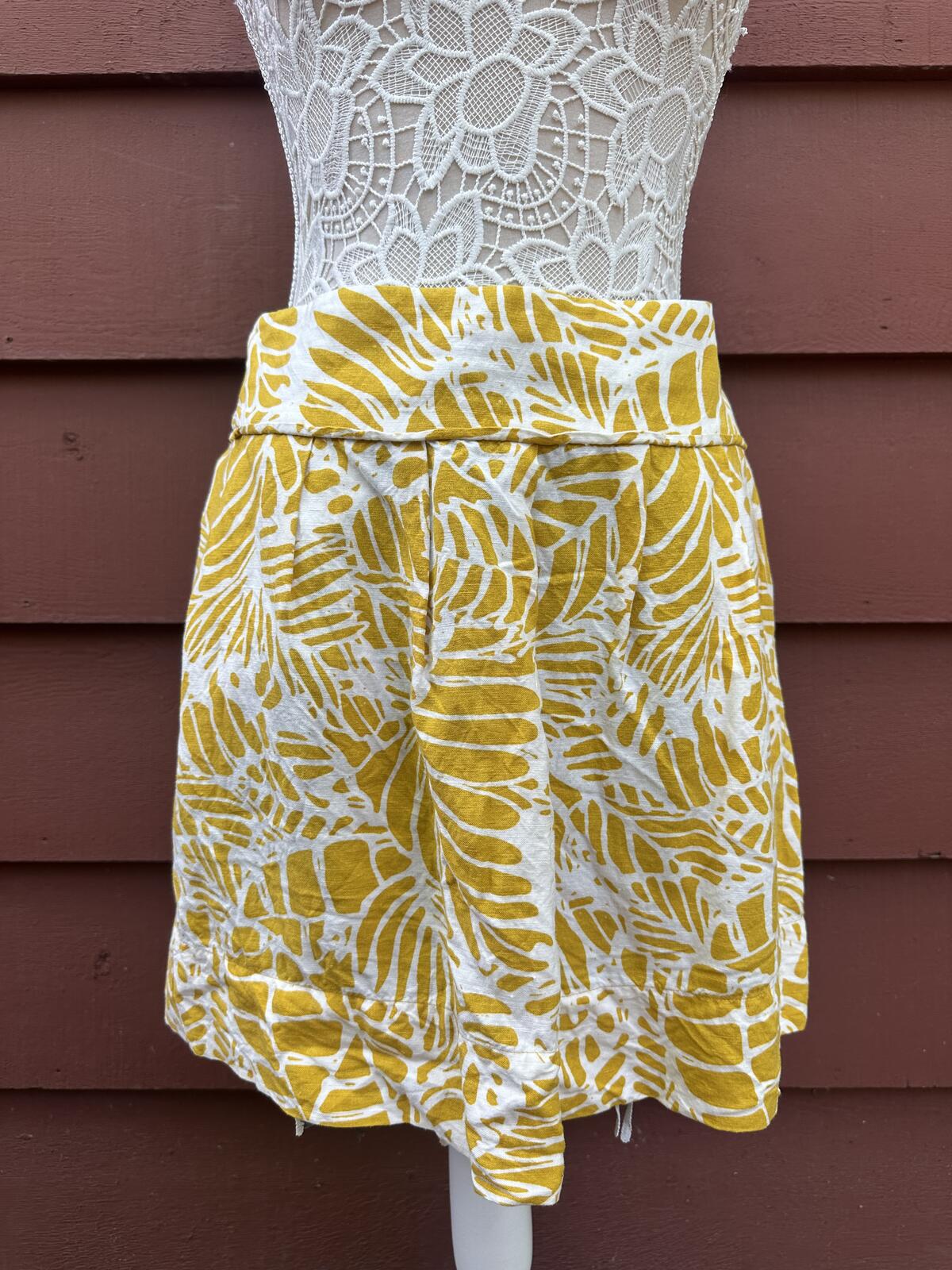 LOFT Yellow Leaf Print Linen Mini Skirt Bohemian Summer Casual A line Skirt
