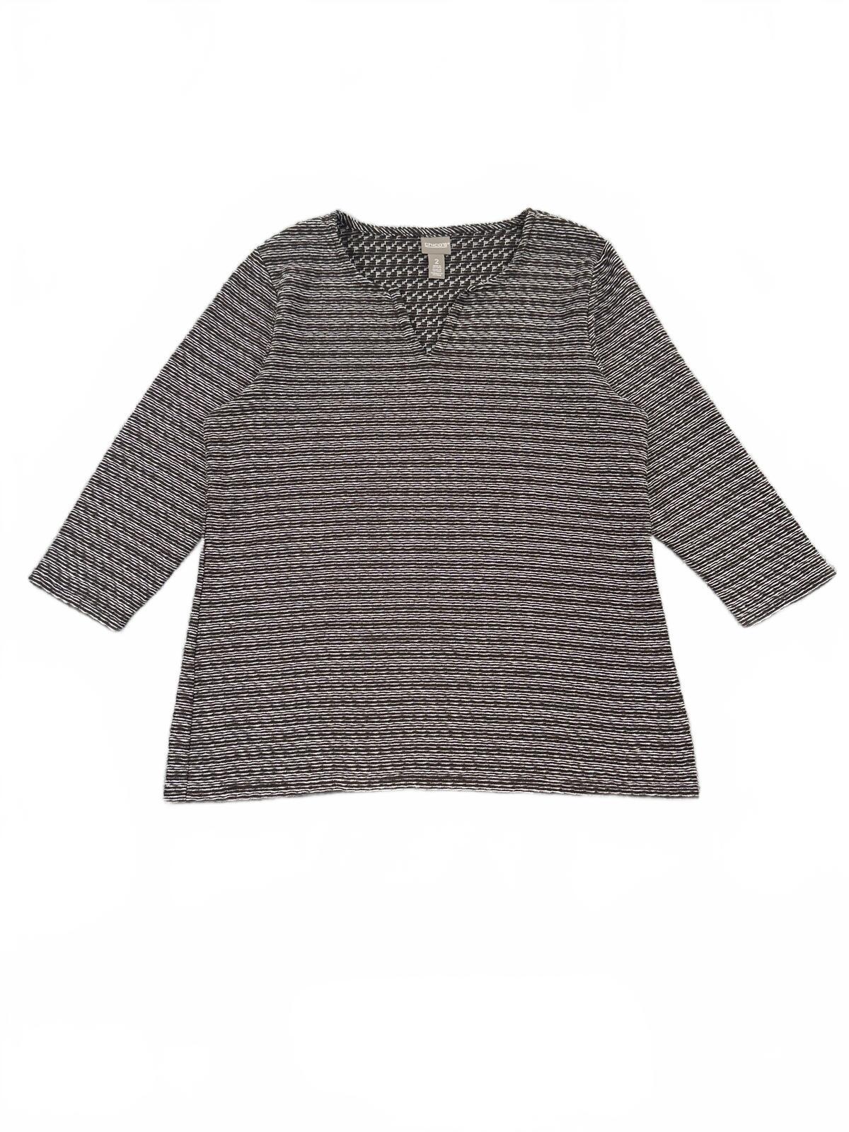 Chico's Textured Knit Top Brown White Three Quarter Sleeve Relaxed Fit