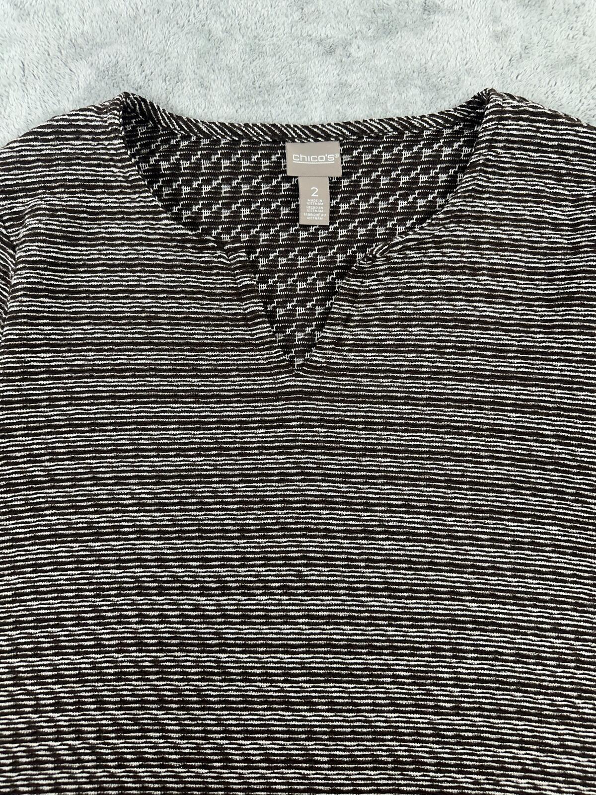 Chico's Textured Knit Top Brown White Three Quarter Sleeve Relaxed Fit