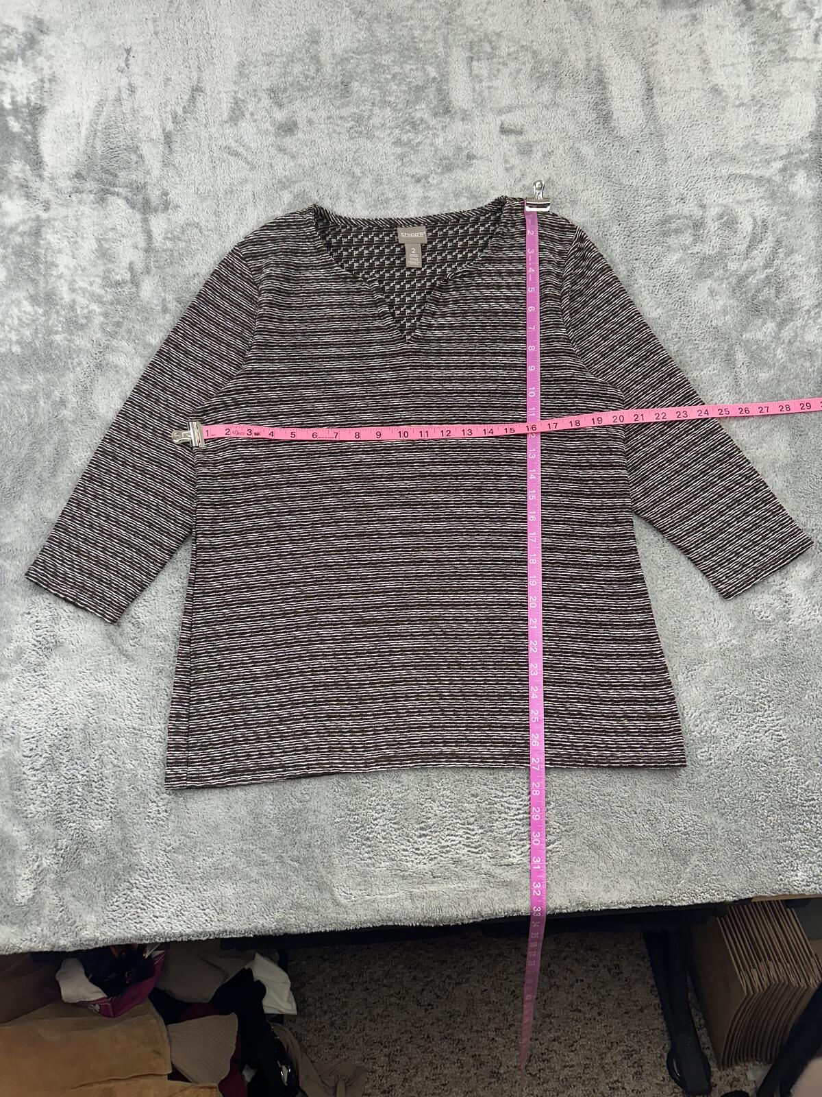 Chico's Textured Knit Top Brown White Three Quarter Sleeve Relaxed Fit