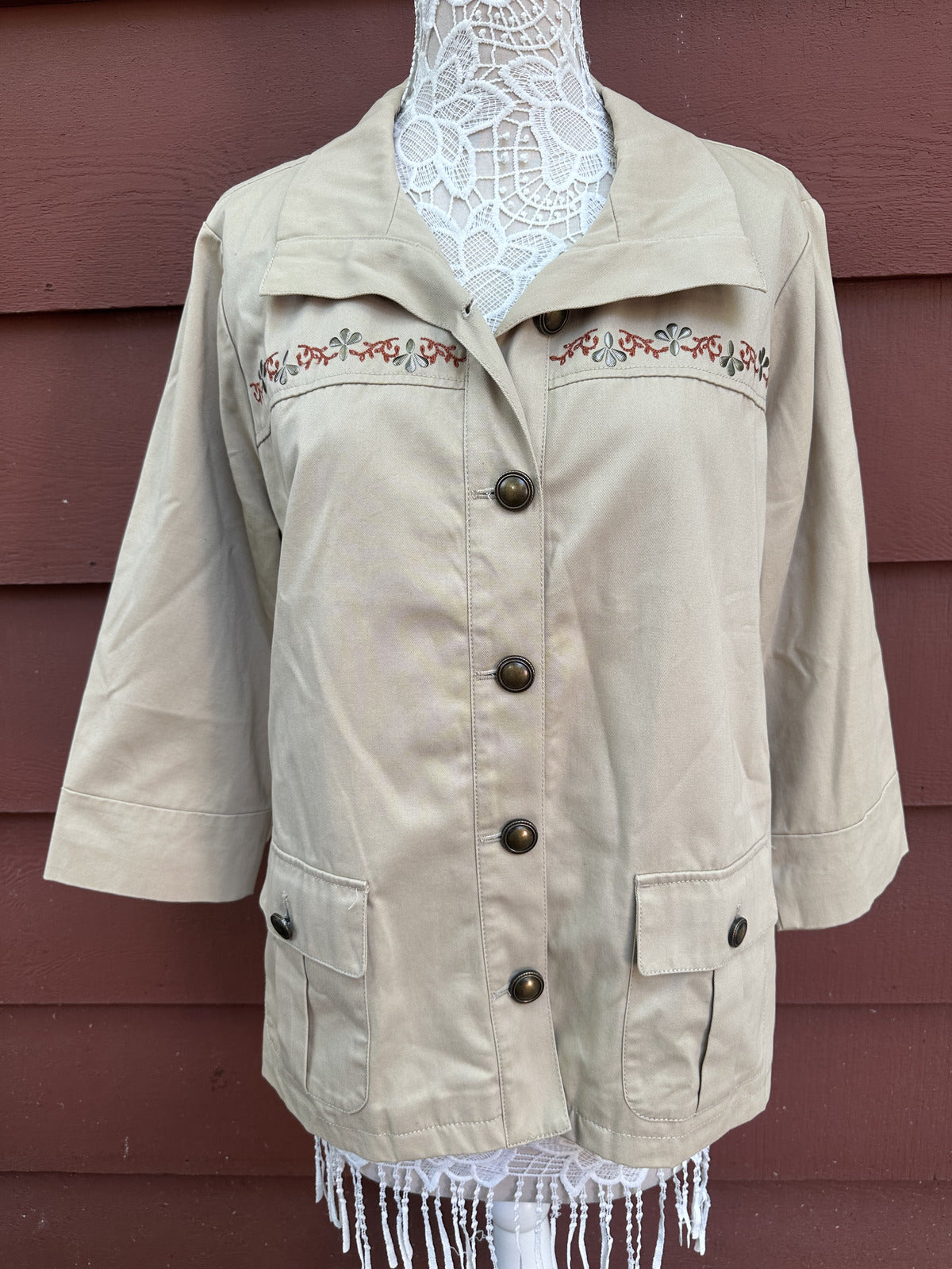 Vintage Inspired Beige Embroidered Cotton Jacket Boho Chic 3/4 Sleeve