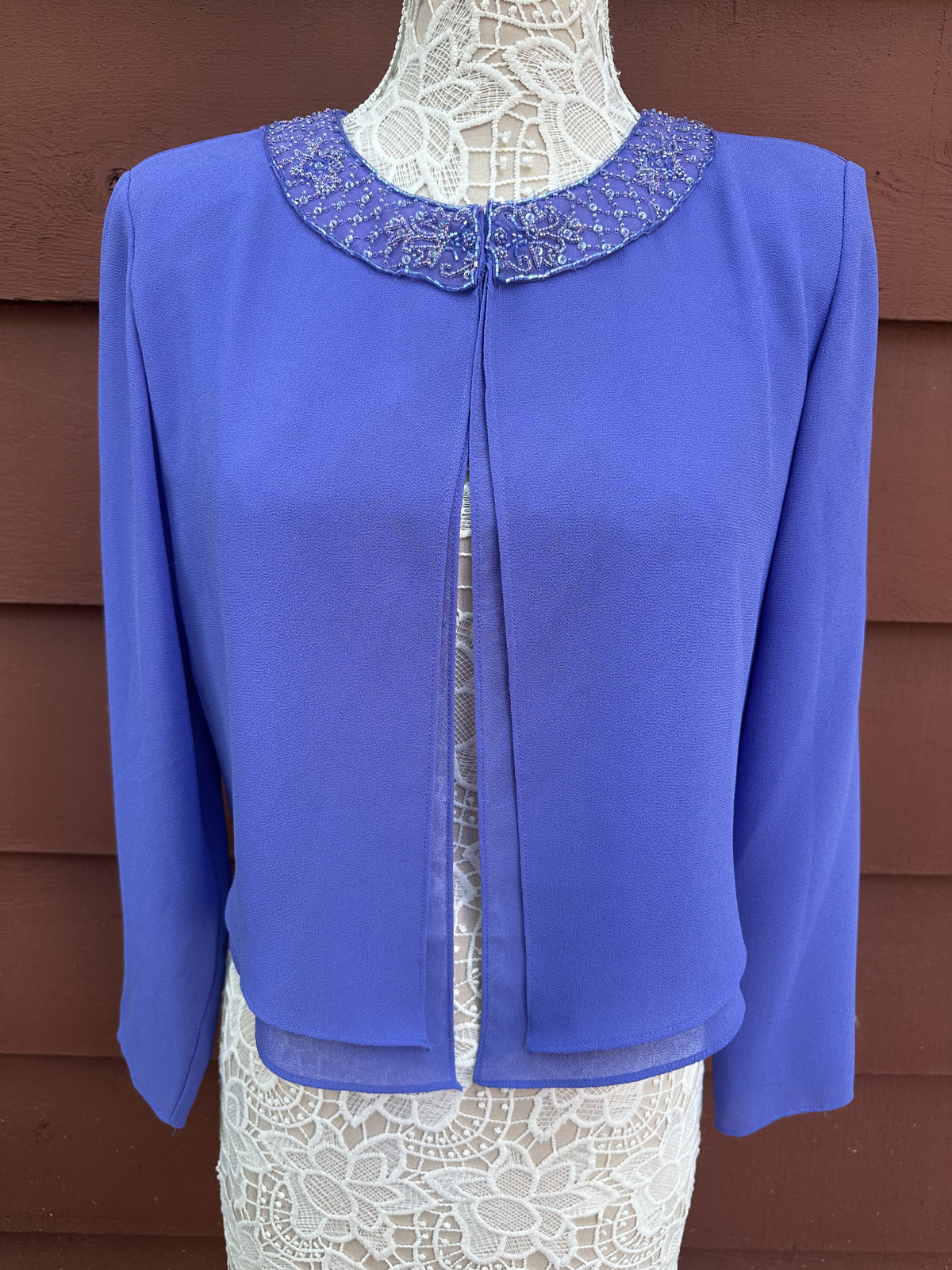 Purple Cropped Beaded Open Front Jacket Stylish Glam Bohemian