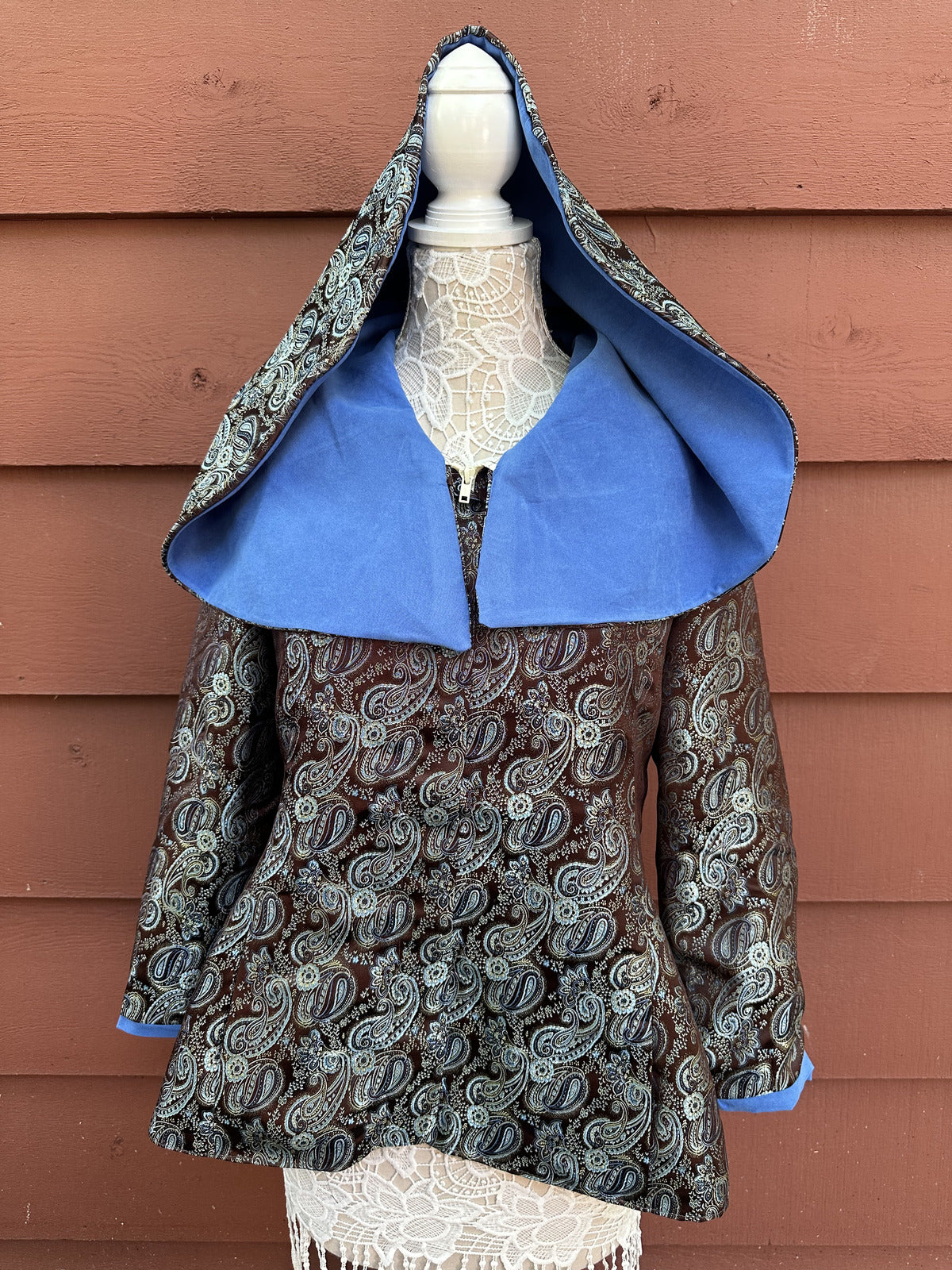 Vintage Paisley Jacket with Blue Velvet Collar Retro 60s 70s Mod Boho