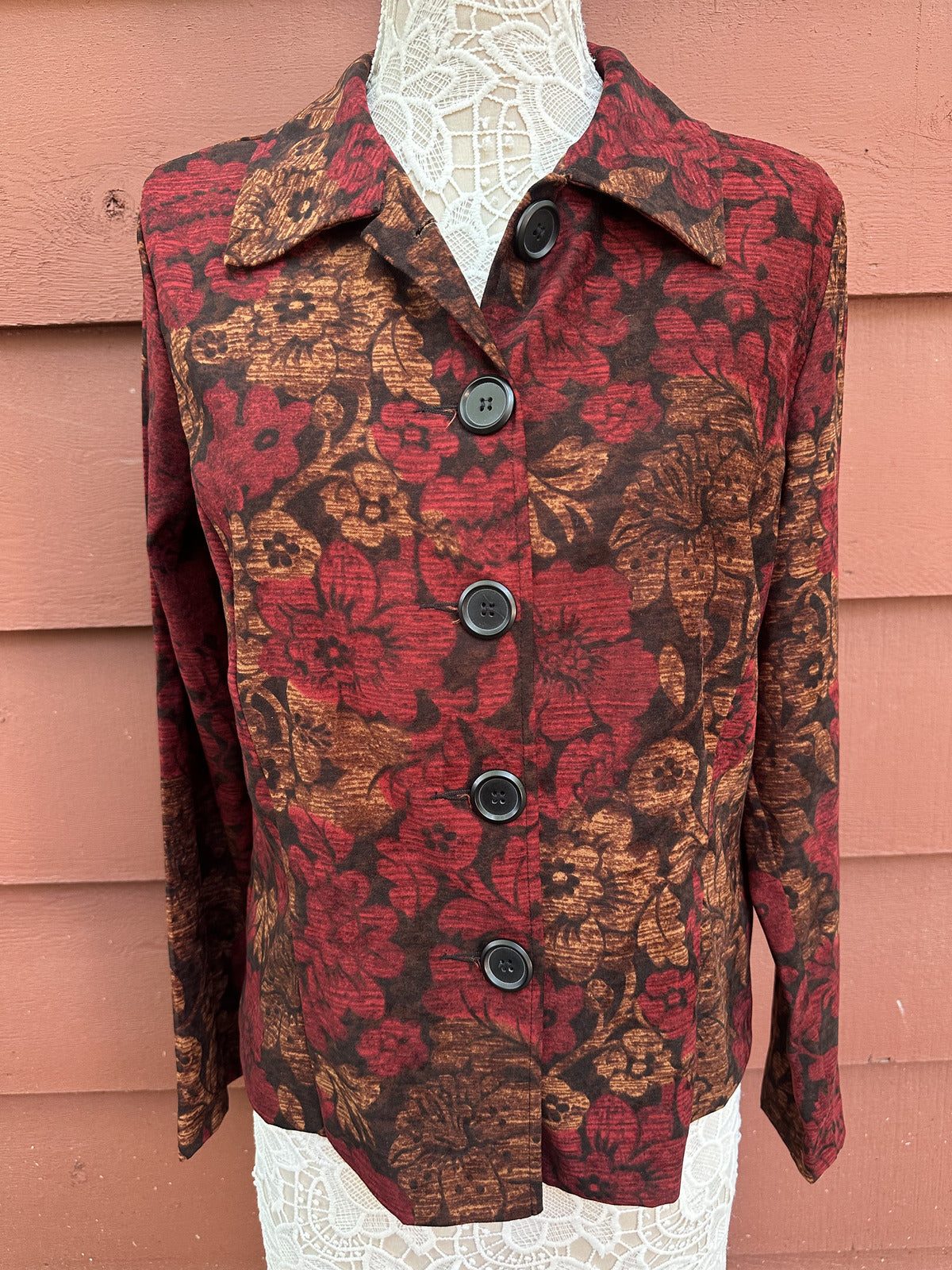 Vintage 90s Briggs New York Floral Tapestry Blazer Red Gold