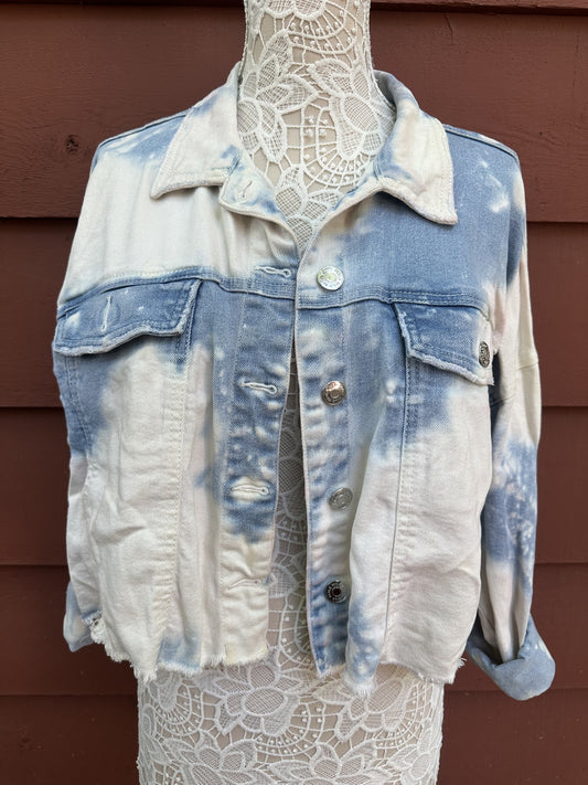 Wild Fable Bleached Tie Dye Cropped Denim Jacket Blue White Raw Hem Y2K Casual
