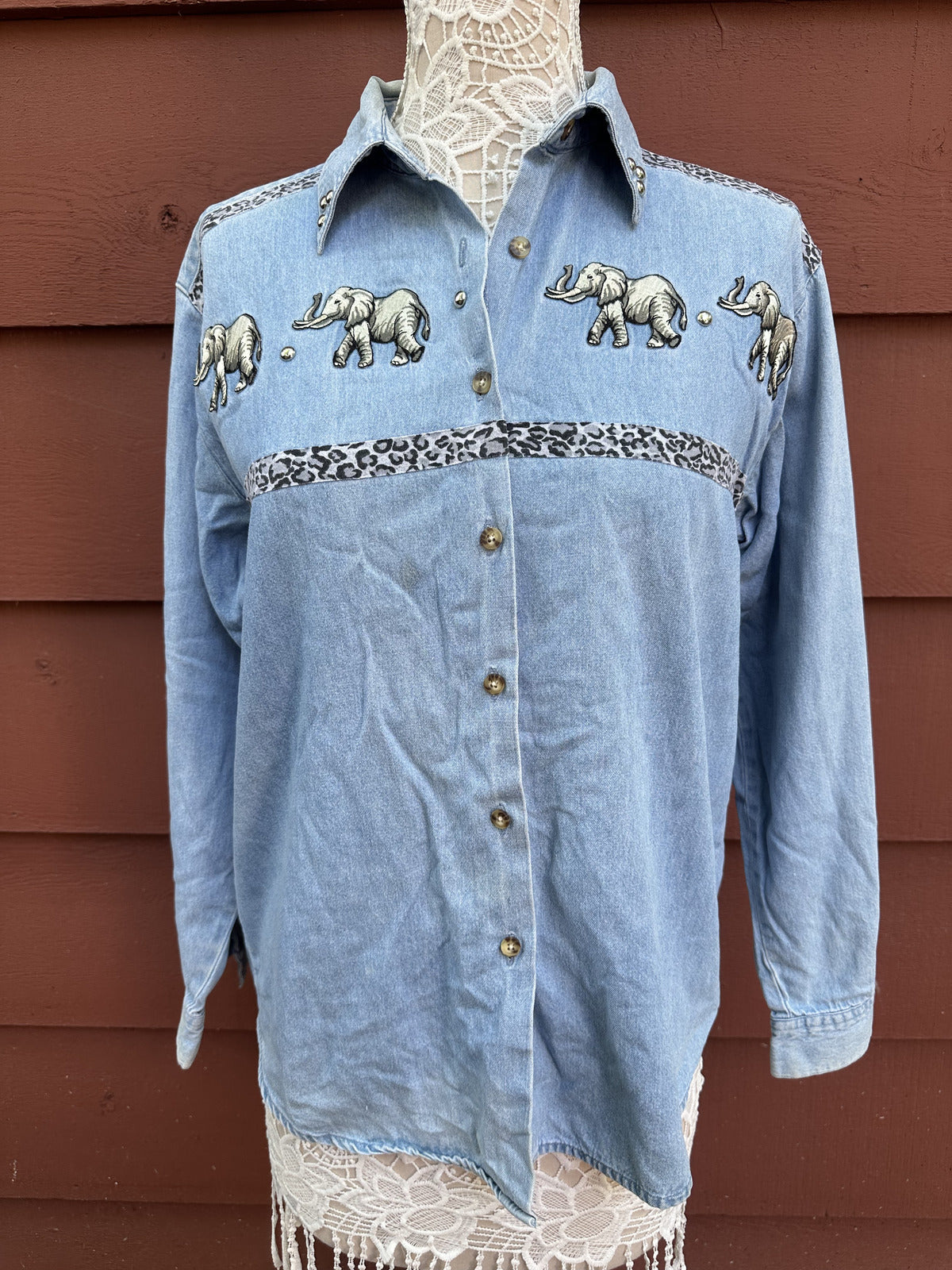 Christopher & Banks Vintage Denim Shirt with Embroidered Elephants Leopard Trim