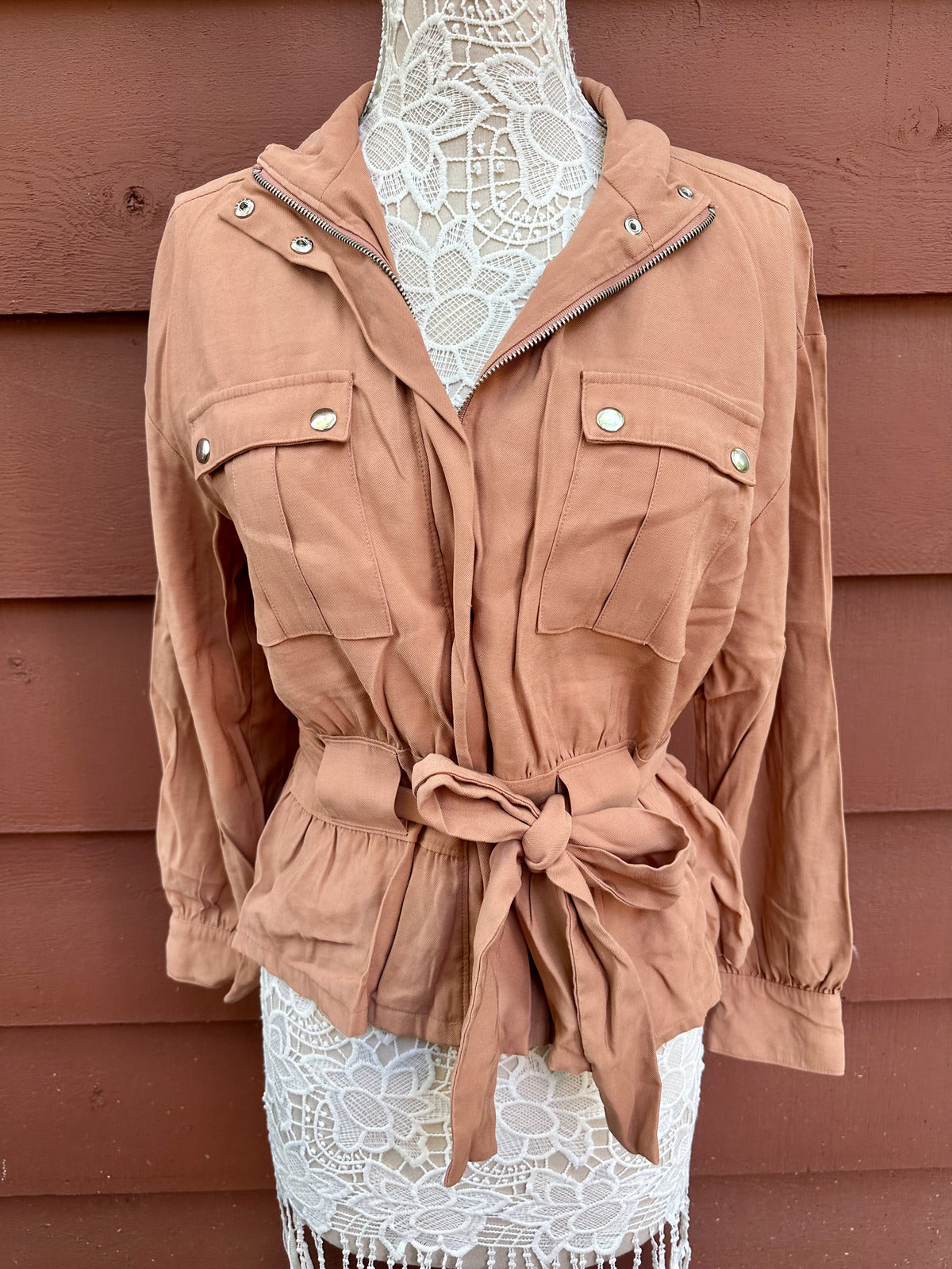 Nine West Belted Utility Military Shacket Pink Orange Bohemian Casual Preppy