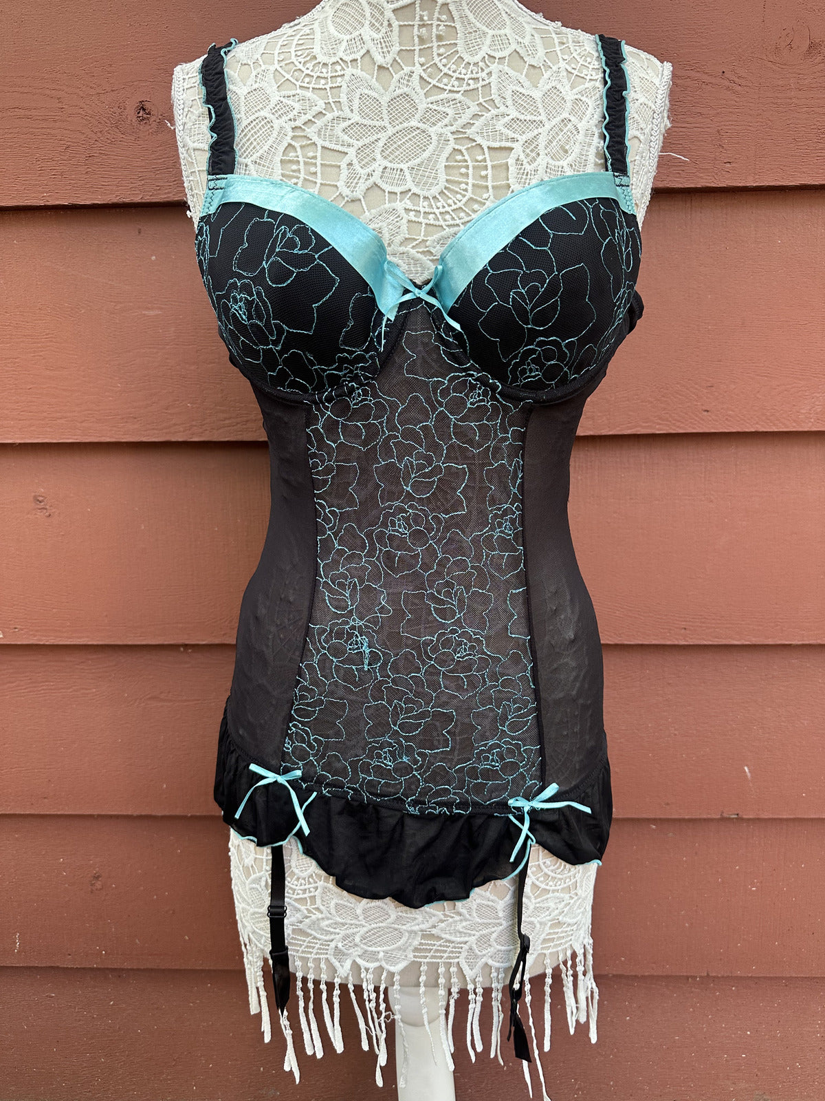 Undercover Black and Turquoise Floral Embroidered Sheer Mesh Corset Top Size 38C
