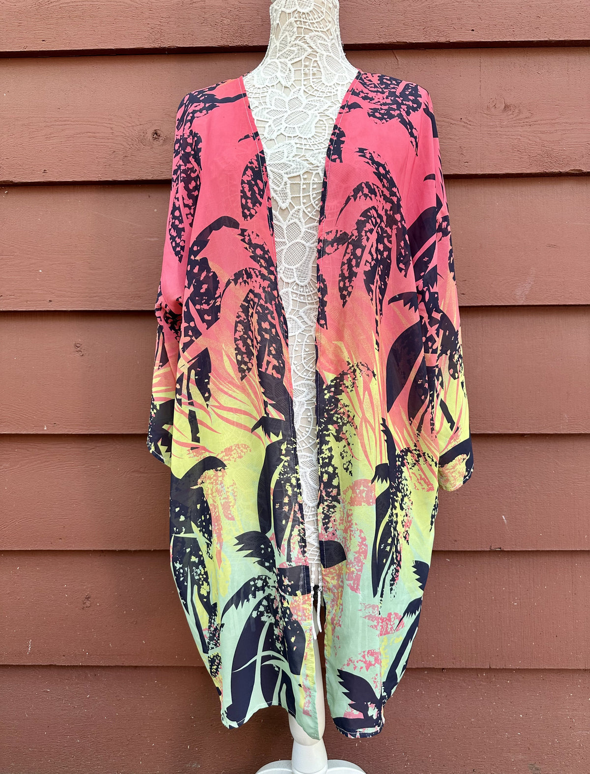 Other Tropical Palm Tree Print Kimono Cardigan Lightweight Chiffon Cover Up