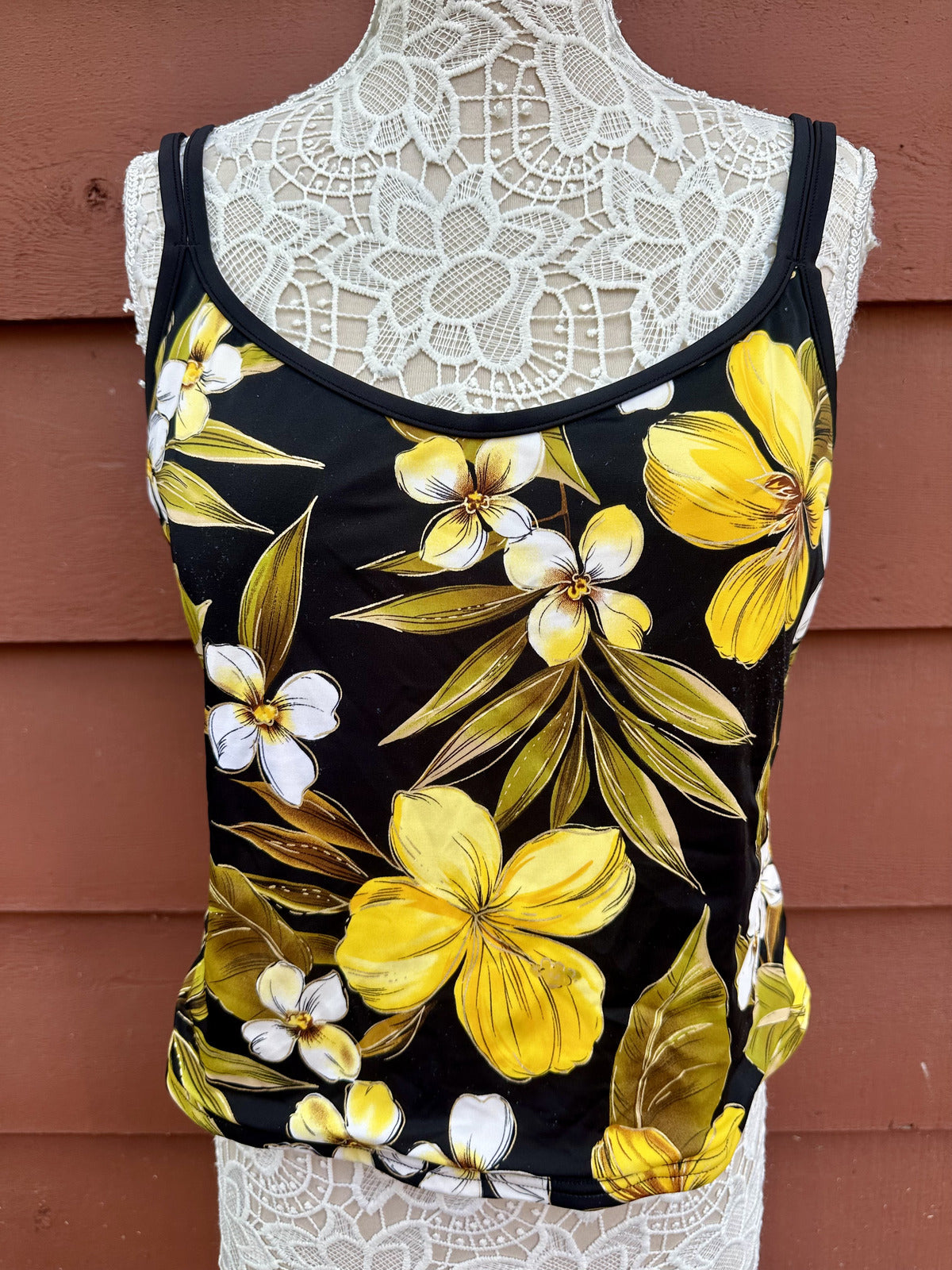 White Stag Tropical Floral Tankini Top in Black Yellow Summer Casual Y2K