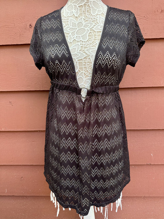 88 Madison Black Chevron Knit Mesh Beach Cover Up with Empire Waist