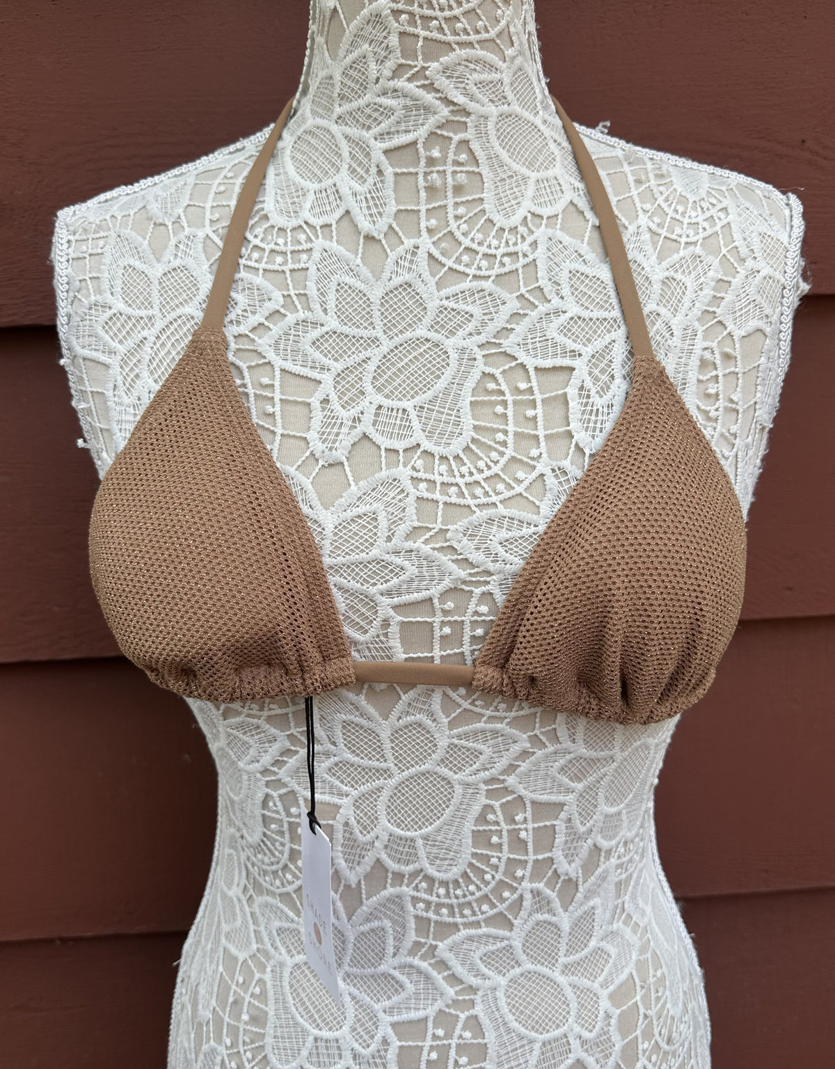 NWT Shade & Shore Crochet Strappy Triangle Bikini Top in Bronze Brown Tan