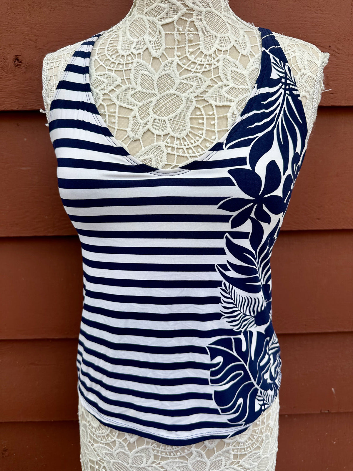 Beach House Tankini Swim Top Navy White Striped Tropical Leaf Y2K